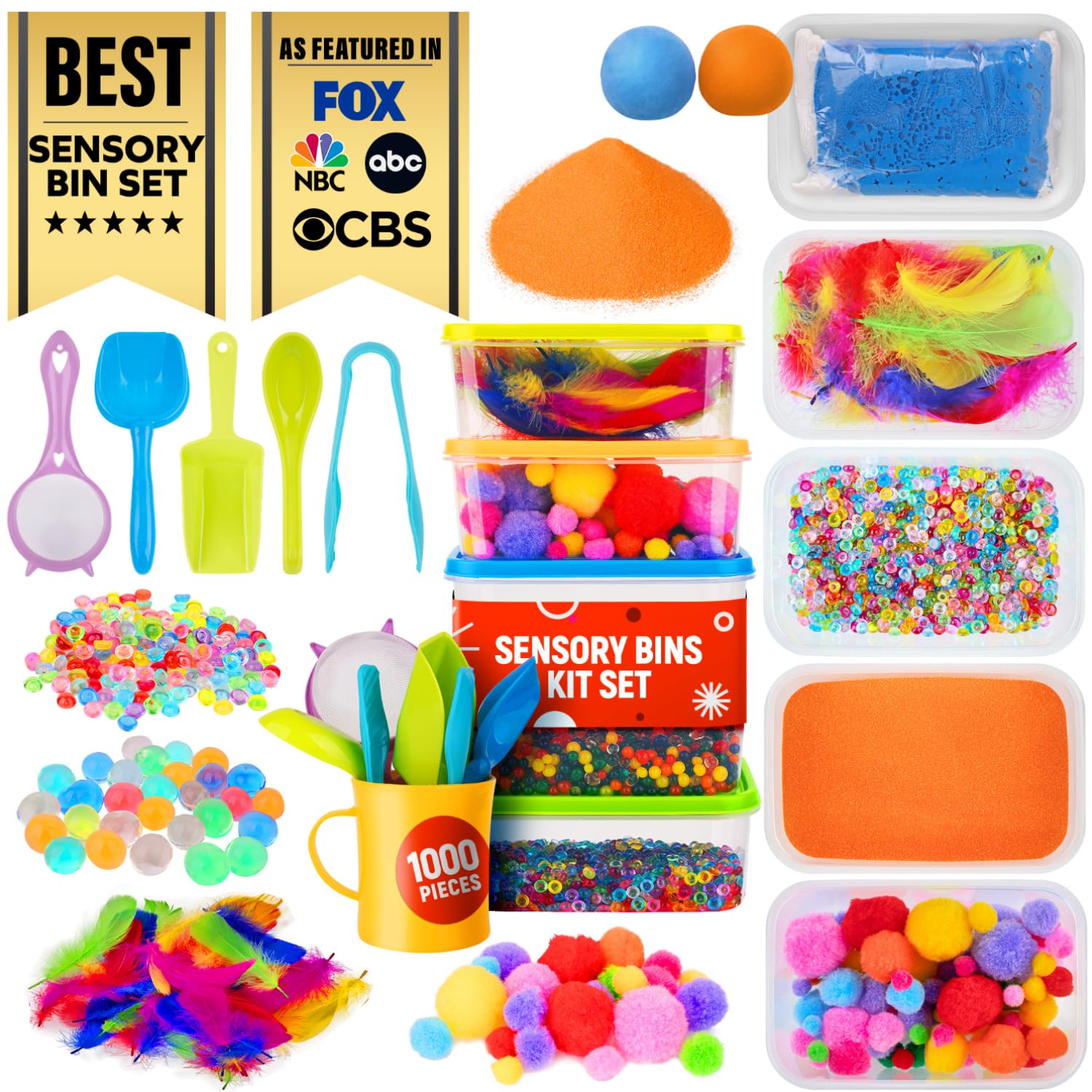 Sensory Kit for Toddlers and Kids - Includes 6 Bins with Lids, Play Tools, Sand, Feathers, Clay, Color Beads and Pom Poms Kids Box Fillers