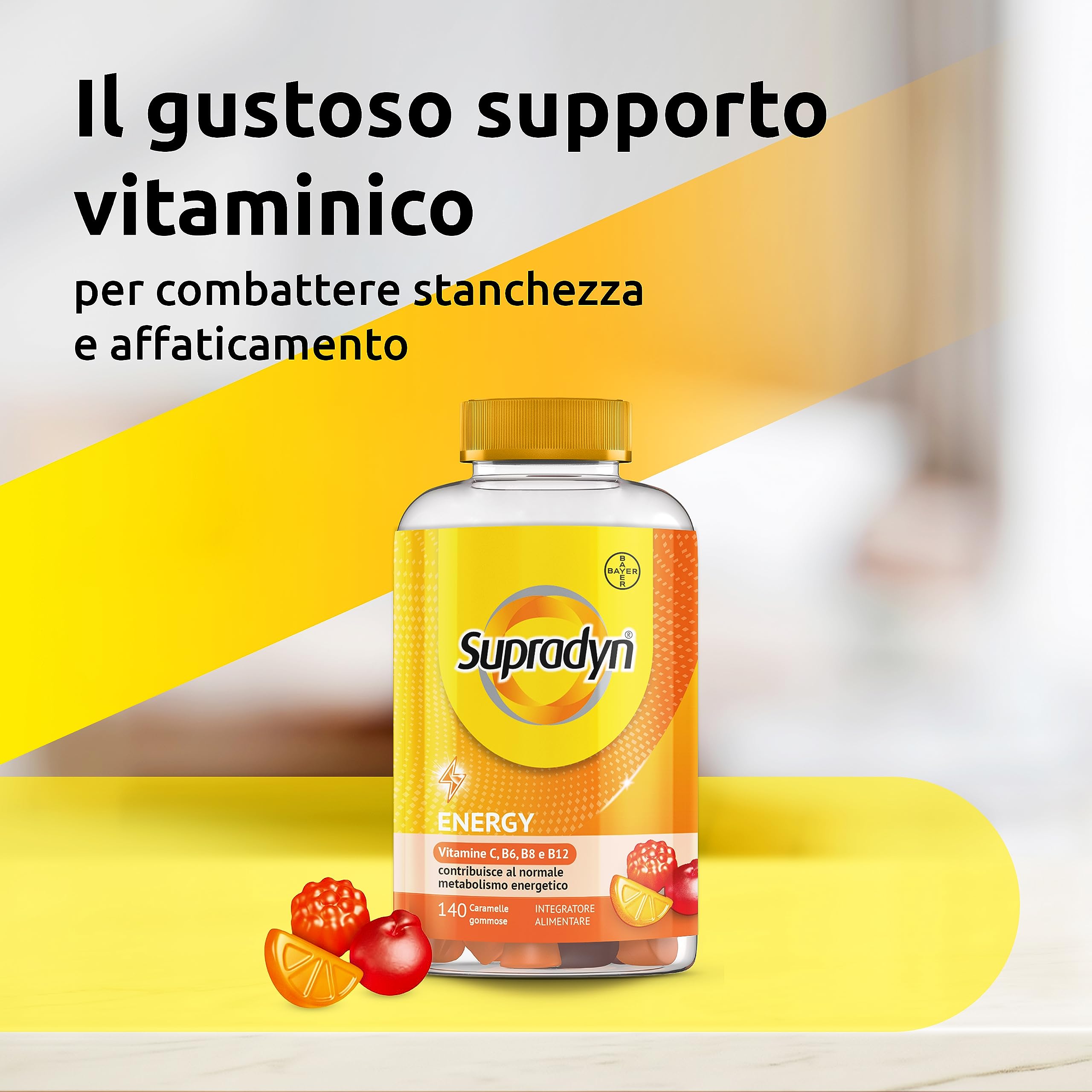 Supradyn Energy Multivitaminico Caramelle, Integratore Multivitaminico Completo, con Vitamine A, B, C, D, E e Coenzima Q10, 140 Caramelle Gommose Multivitaminiche Gusto Ciliegia, Lampone e Arancia