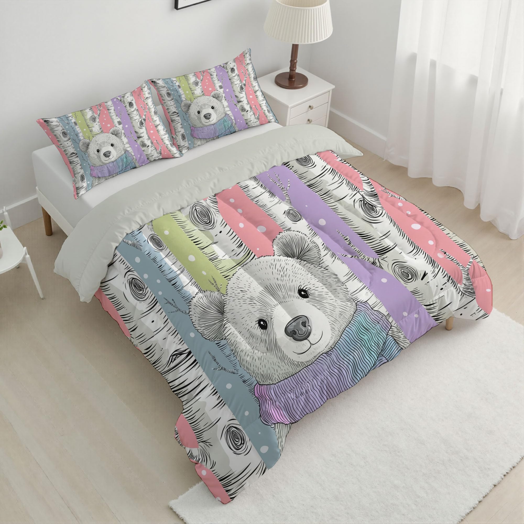 Trapunta Letto Matrimoniale 4 Stagioni Piumone per Bambini, Cartone Animato Panda Leggero Betulla Strisce Set di Biancheria da Letto 200x200cm con 2 Federe,Piumino Lavabile In Lavatrice