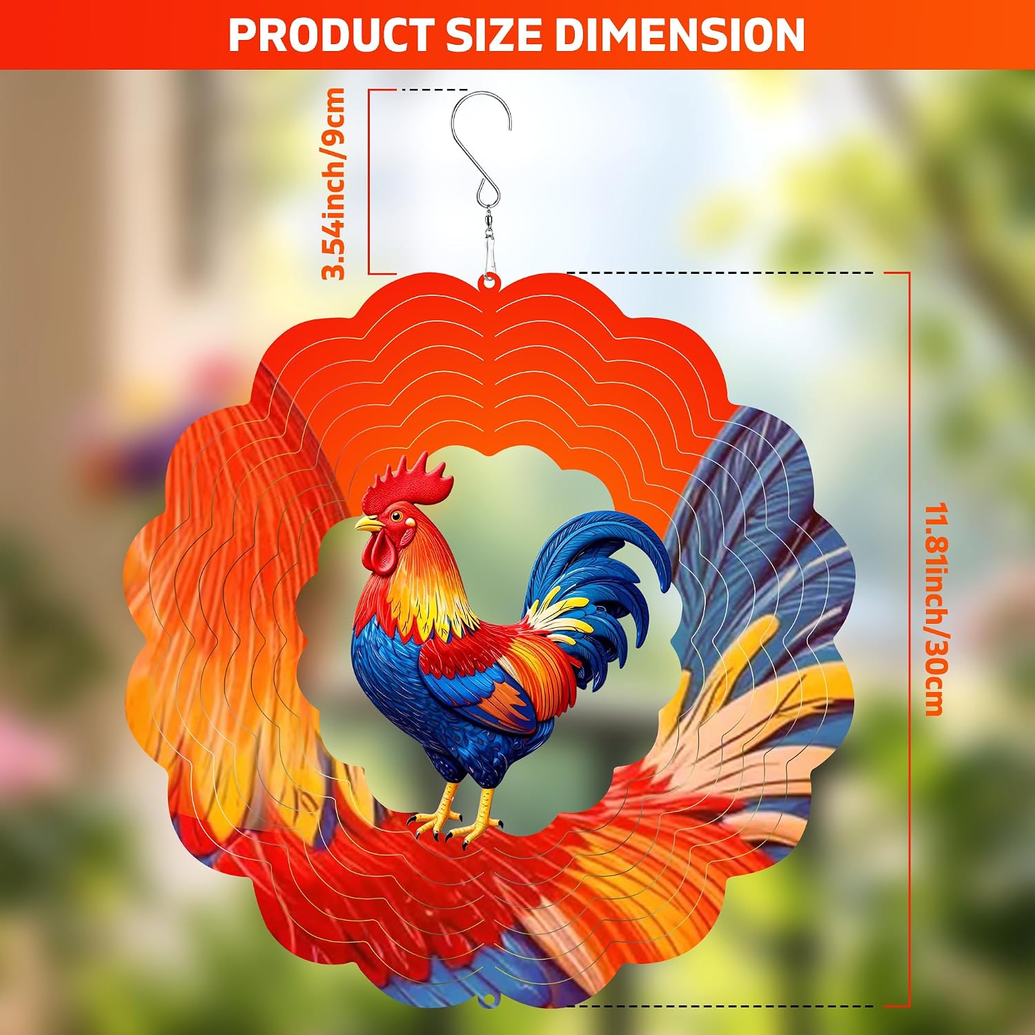 Rooster Metal Wind Spinner for Garden, Chicken Gifts for Women Men Mother Father, 12 Inch Hanging Wind Spinner for Outdoor & Indoor Decorations