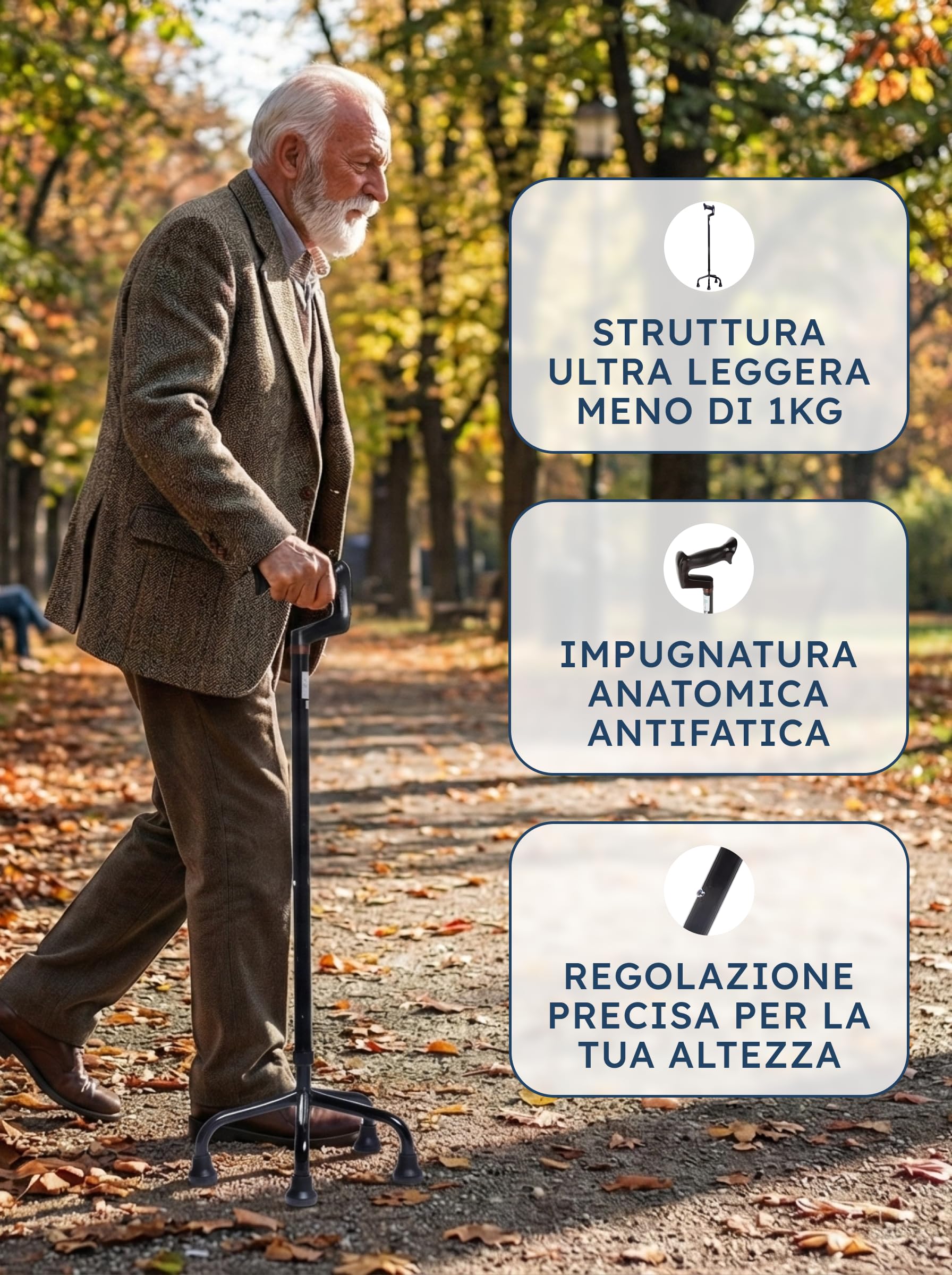 SPES Quadripode Nero in Alluminio - Bastone a 4 Piedi Autoportante per Anziani e Disabili - Ausilio Regolabile (62-85 cm) con Base Antiscivolo Stabile e Impugnatura Anatomica (Design Elegante)
