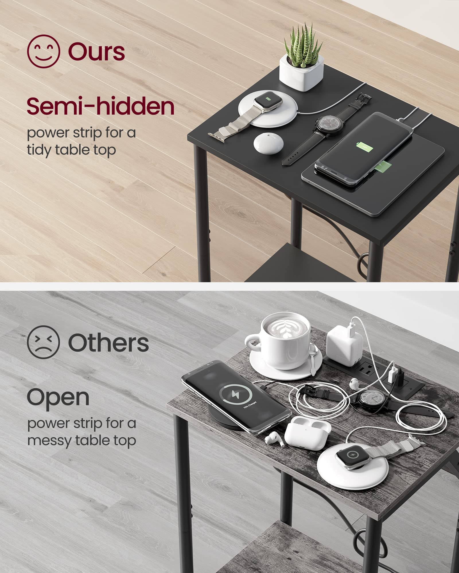 VASAGLE Side Tables with Charging Station, Set of 2 End Tables with USB Ports and Outlets, Nightstands for Living Room, Bedroom, Plug-in Series, Black ULET372B16