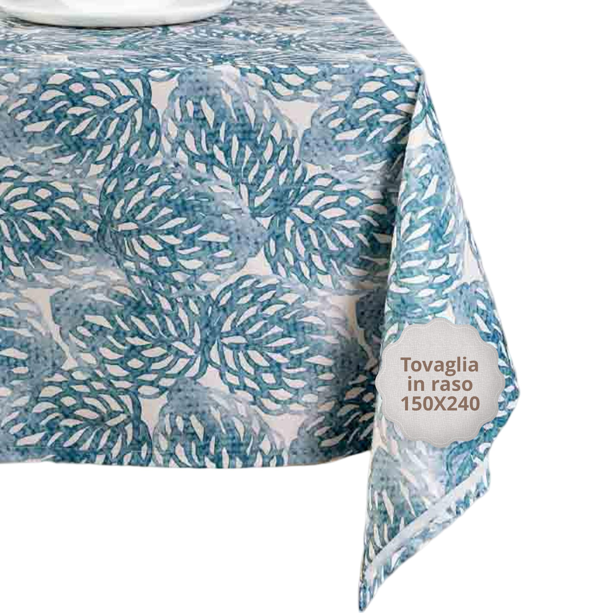 casaviva - Tovaglia in Raso di Cotone Extra Morbido - Tovaglia Rettangolare Idrorepellente Stirofacile Antimacchia - Tovaglia 150x240 cm Leaves Blu Oceano