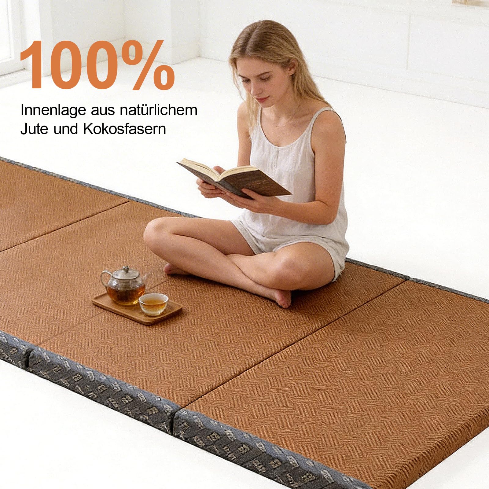 Tappetino Tatami Tradizionale Giapponese Pieghevole in Fibra di Cocco, Futon Giapponese Portatile e Antiscivolo per Dormire, Meditazione, Yoga Zen, 80x200x3.5cm