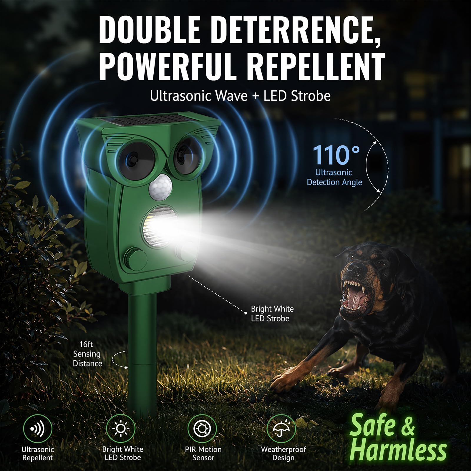 Repelente Gatos, Repelene de Animales, Outdoor Repeller para Los Animales, Repelente Ultrasónico de Topos para Uso al Aire Libre, Ratones, Perroas, Pájaros, Aves, Zorros