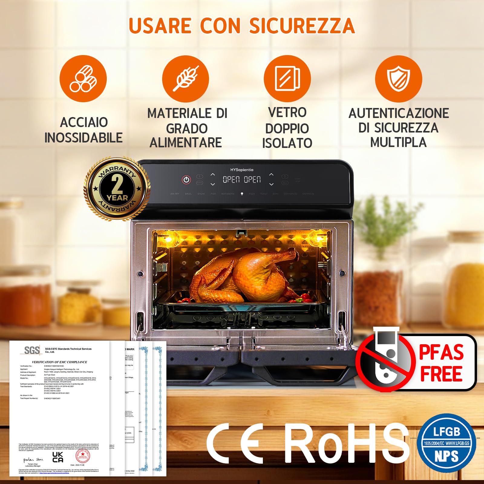HYSapientia 22 Litri Forno Friggitrice Ad Aria doppio cestello Calda，2400W friggitrice aria 2 cestelliin in acciaio inossidabile,10 Funzioni,Doppia Temperatura,Suddividere in due campate，Girarrosto