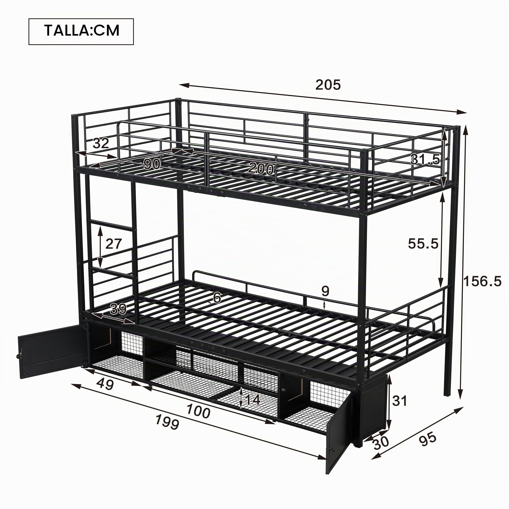 Cama con marco de hierro, 90 x 200 cm, litera, zapatero abierto, armario de almacenamiento pequeño de doble puerta, adecuado para niños y adolescentes, con escalera lateral, con rejilla anticaídas,