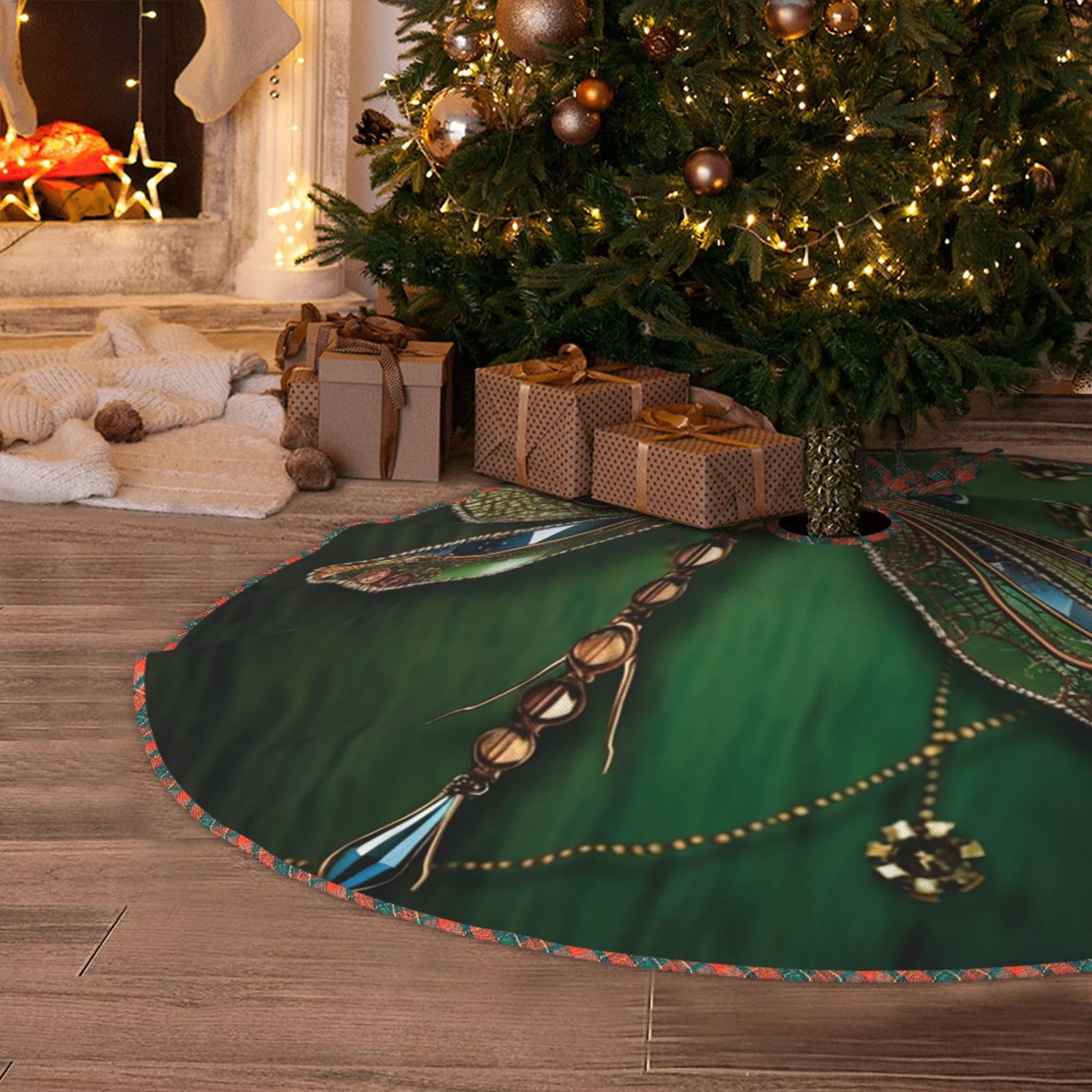 Jewel Dragonfly Christmas Tree Skirt 48" Artificial Tree Mat Cover Merry Christmas Burlap Xmas Tree Skirt for Christmas Decoration Holiday Indoor Outdoor Winter Party Decor