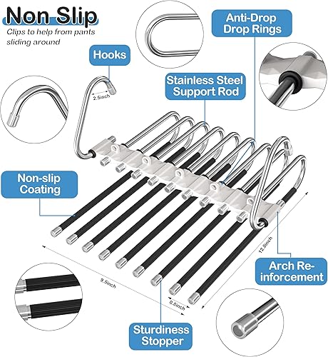 Vista 23 de Perchas para pantalones de 9 capas que ahorran espacio, paquete de 2 estantes multifuncionales de acero inoxidable organizador de armario