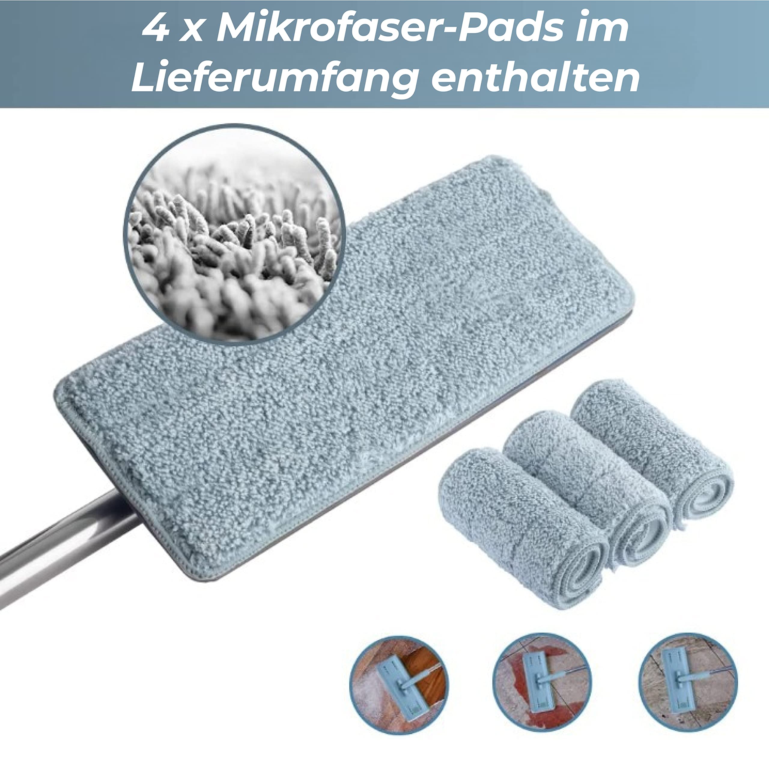 EasyGleam Wischmopp Set mit Doppelkammer-Eimer - Flacher Mikrofaser-Wischmopp mit Edelstahlgriff, Nass- und Trockengebrauch - 2 Wiederverwendbare Pads, für alle Böden geeignet - Blau