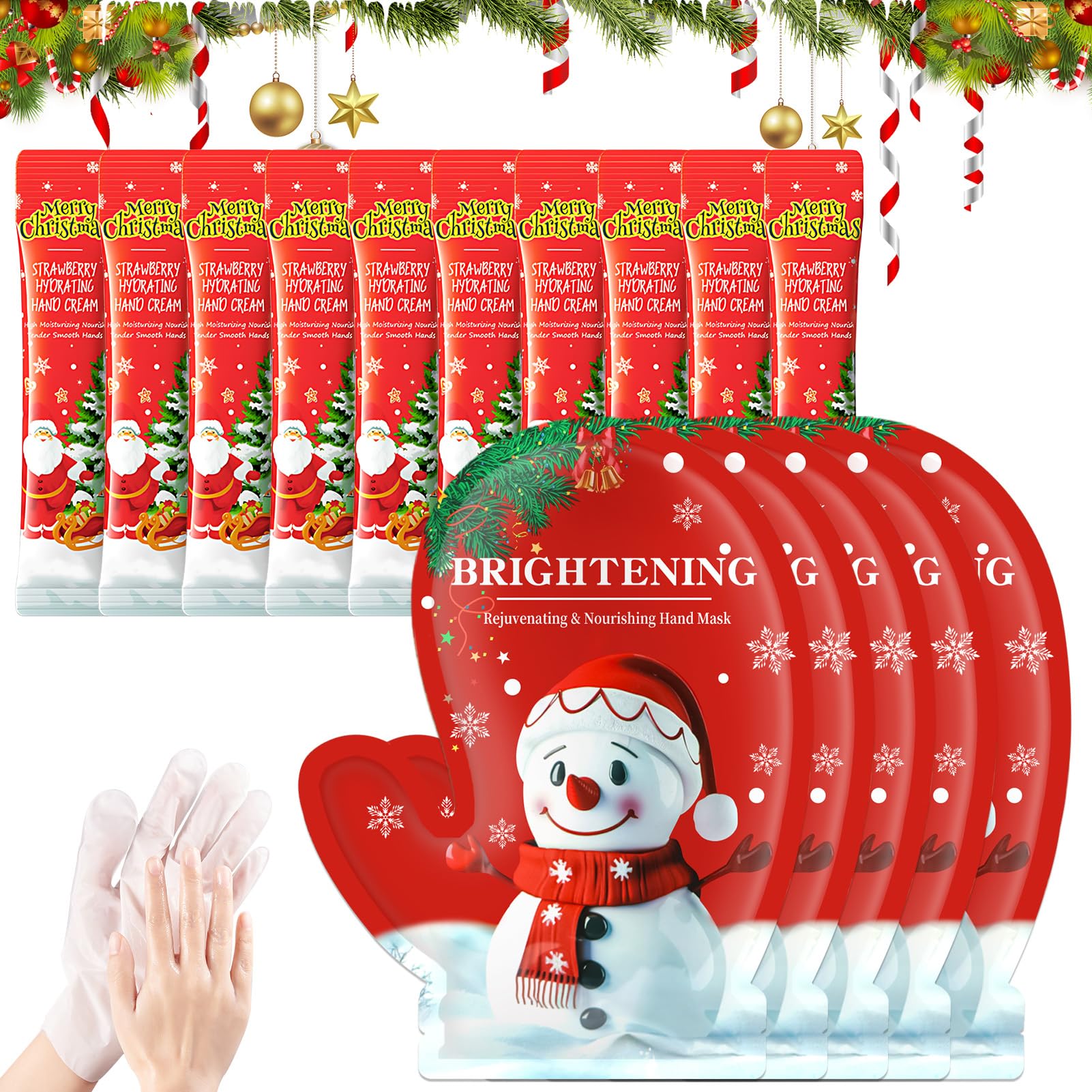 Maschera Mani, 5 Pezzi Maschera Mani Guanti+10 Pezzi Creme manis, Maschere mani di Natale, Idratante Profondo, Rendendo la Pelle Più Liscia, Regalo Natalizio per Famiglia, Gli Amici o Stesso
