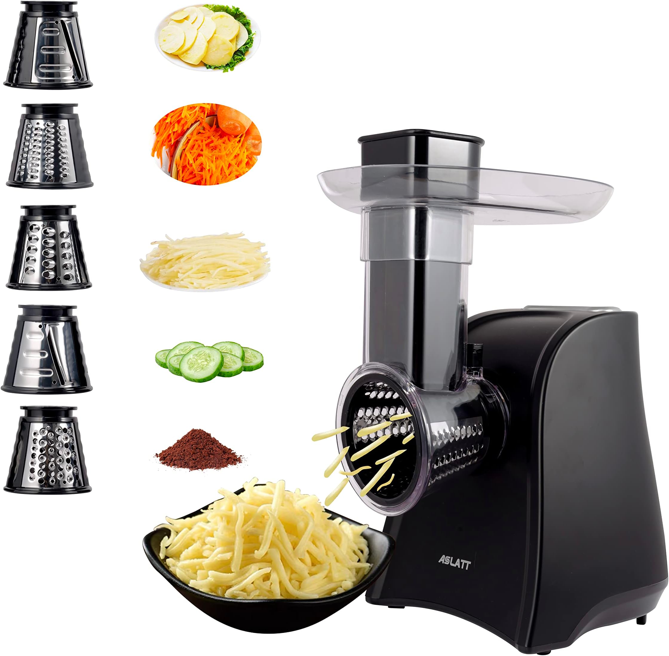 - Electric Slicer, Electric Cheese Grater for Home Kitchen Use, One-Touch Control Cheese Shredder, Salad Maker Machine for Fruits, Vegetables, Cheese Grater with 5 Attachments