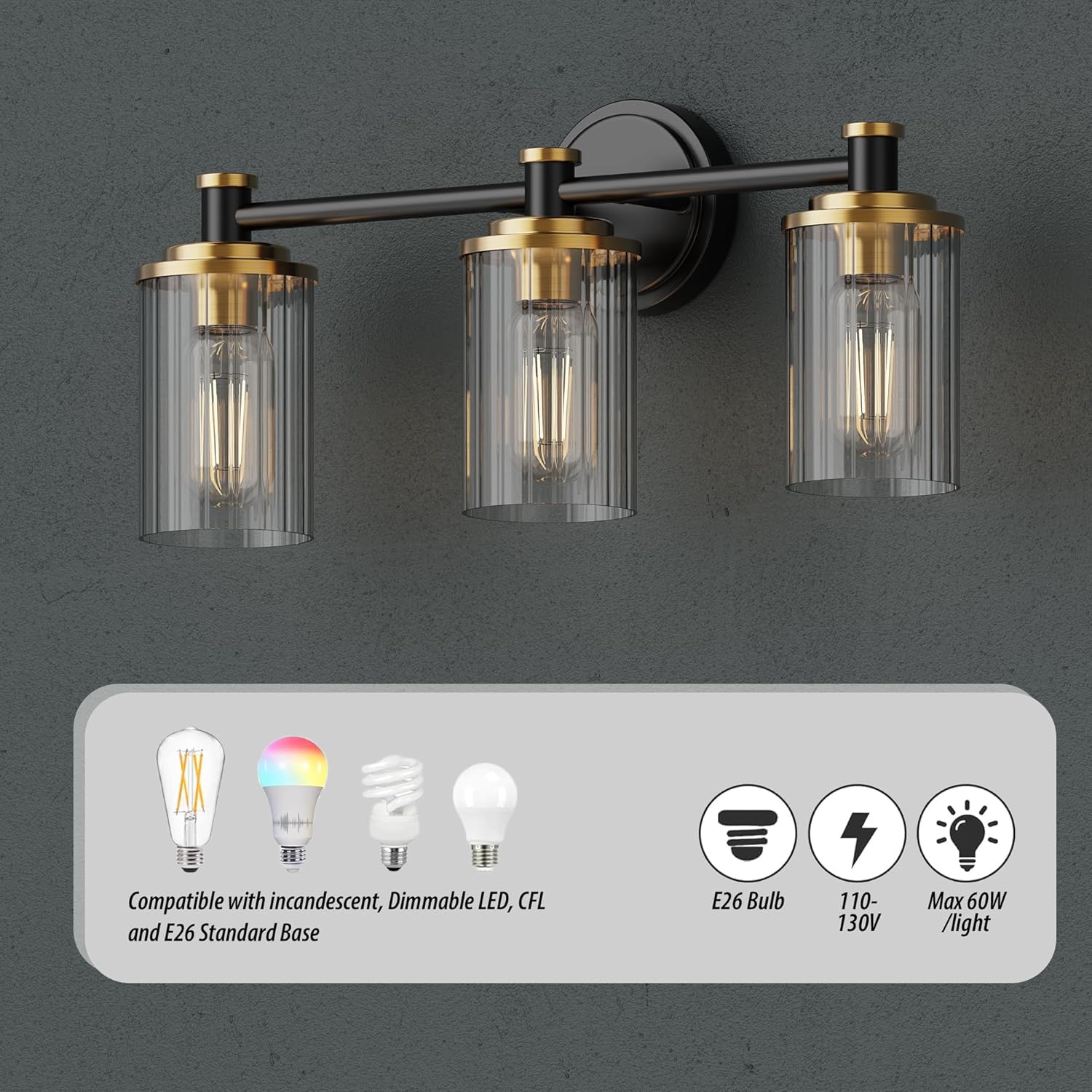 Bathroom Lighting Fixtures Black and Brass Bathroom Vanity Light with Cylindrical Clear Stripes Glass Lampshade E26 Socket Base Bathroom Lighting Fixtures Over Mirror (3 Lights)