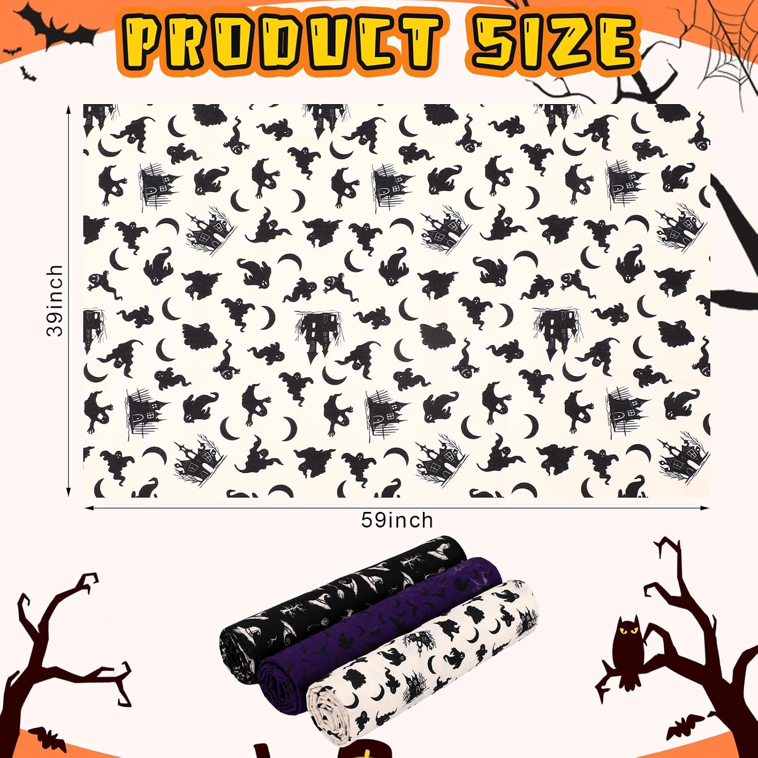 Gilprop 3 Pcs 59" x 39" Halloween Cotton Fabric, Witch, Bat Ghost Patterns