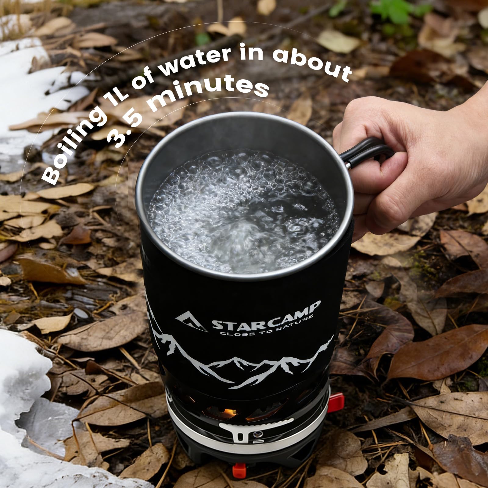0,9L Réchaud de Camping Gaz Ultra-Léger Système de Cuisson Intégré, Couronne Énergétique, Allumage Piézo & Pot Support – Brûleur Portable Éco-énergétique pour Randonnée, Trekking et Backpacking