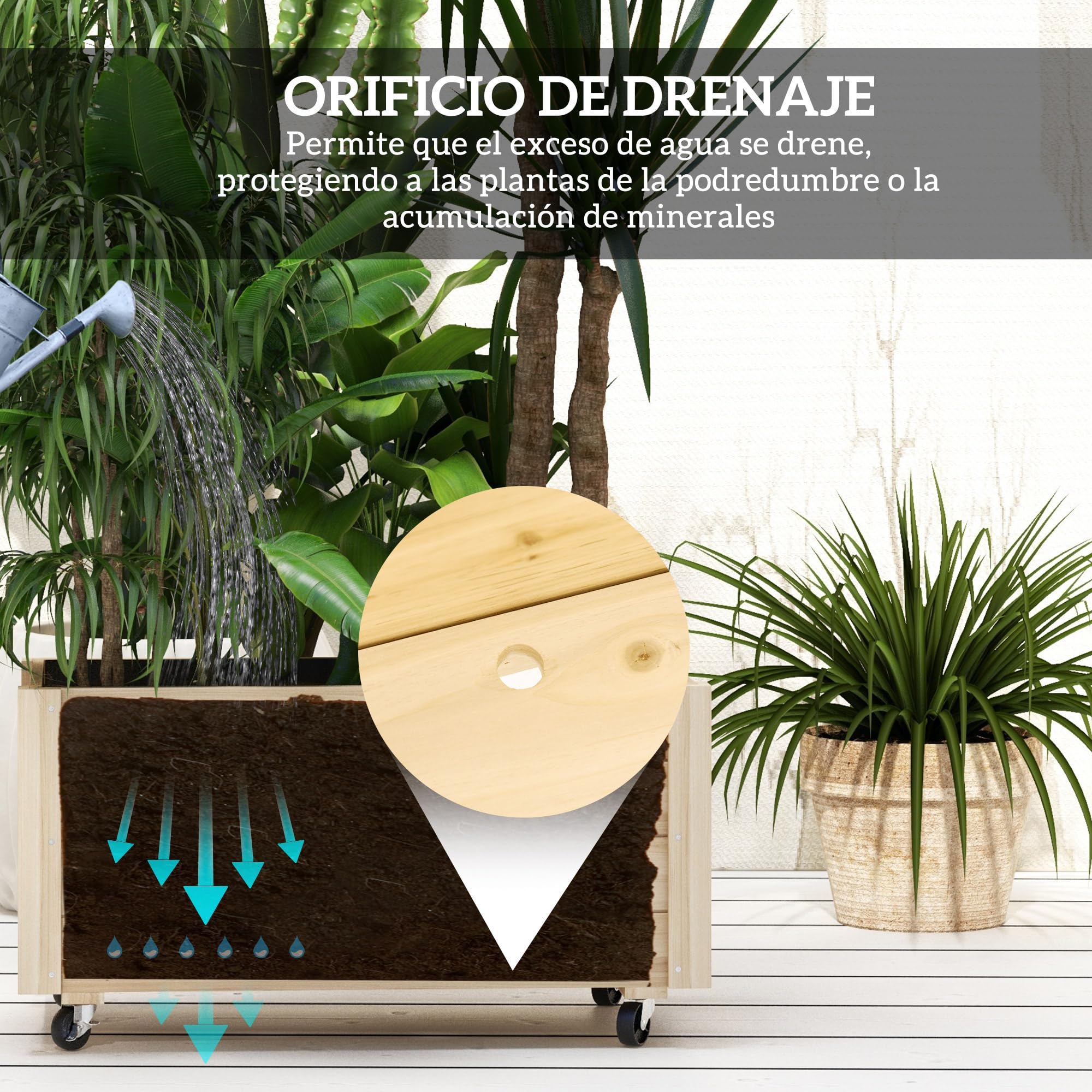 Outsunny Jardinera de Madera con Ruedas Huerto Urbano Madera Jardinera Rectangular con Orificios de Drenaje y Tela no Tejida para Cultivo Flores Plantas en Jardín Balcón Terraza 89x48x47 cm Natural