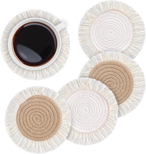 Whaline Paquete de 4 posavasos bohemios beige hechos a mano de ganchillo para bebidas, tapete bohemio tejido para vacaciones, hogar, cocina,
