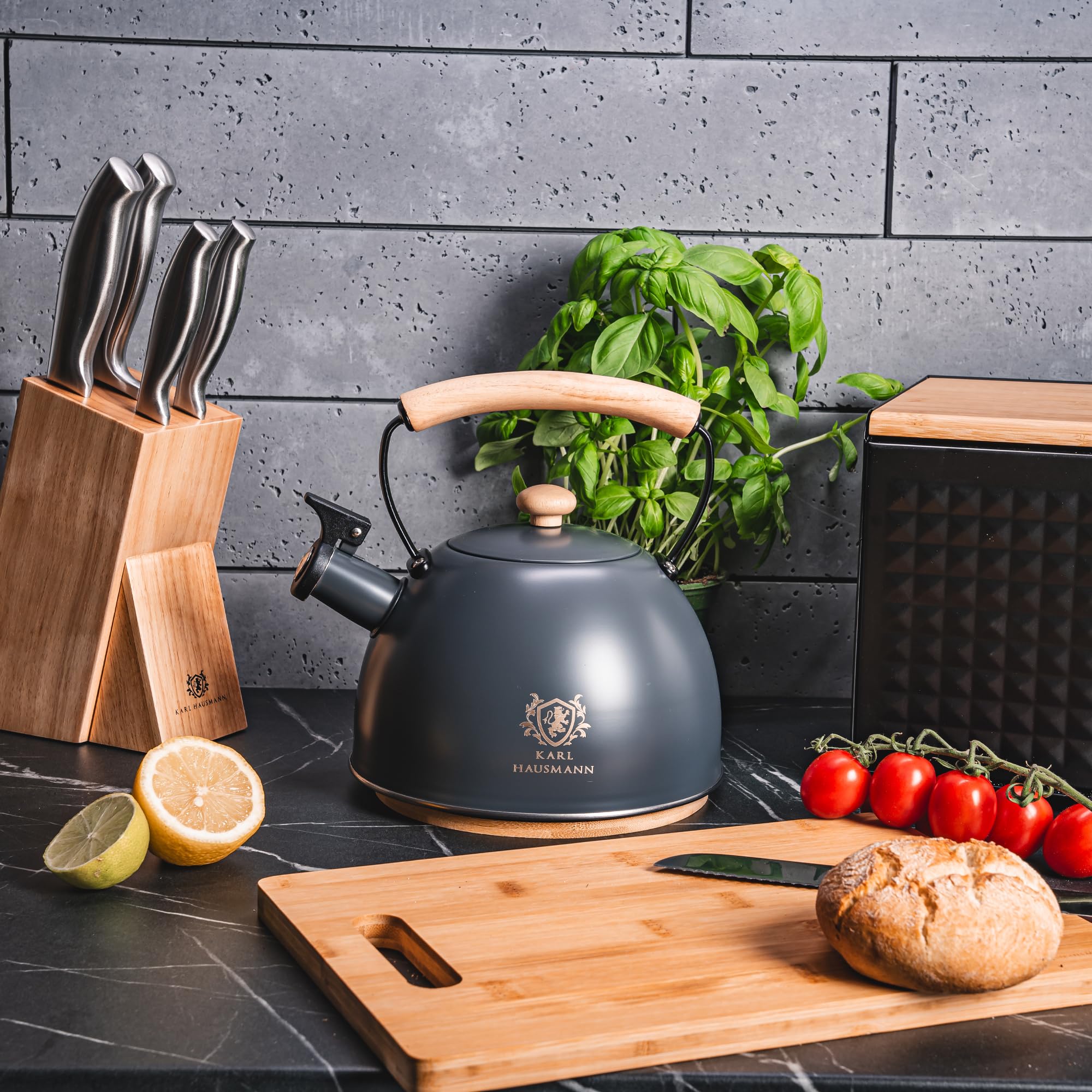 KARL HAUSMANN Bouilloire Induction 2,5L Inox avec Sifflante - Gris Theiere Cuisine pour Plaque Gaz, Vitrocéramique et Électrique - Grande Capacité Eau Chaude avec Couvercle Amovible