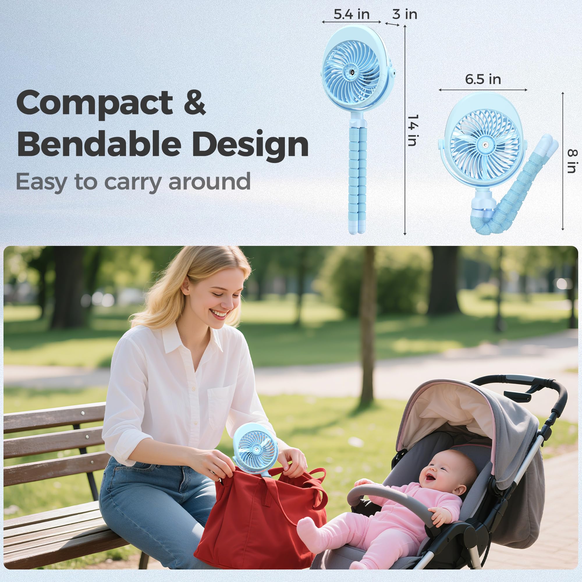 Ventilateur de poussette avec fonction d'humidification, ventilateur de table avec pied flexible, réservoir d'eau de 50ml, pivotant à 270°& 360°, ventilateur USB pour siège auto tapis roulant vélo