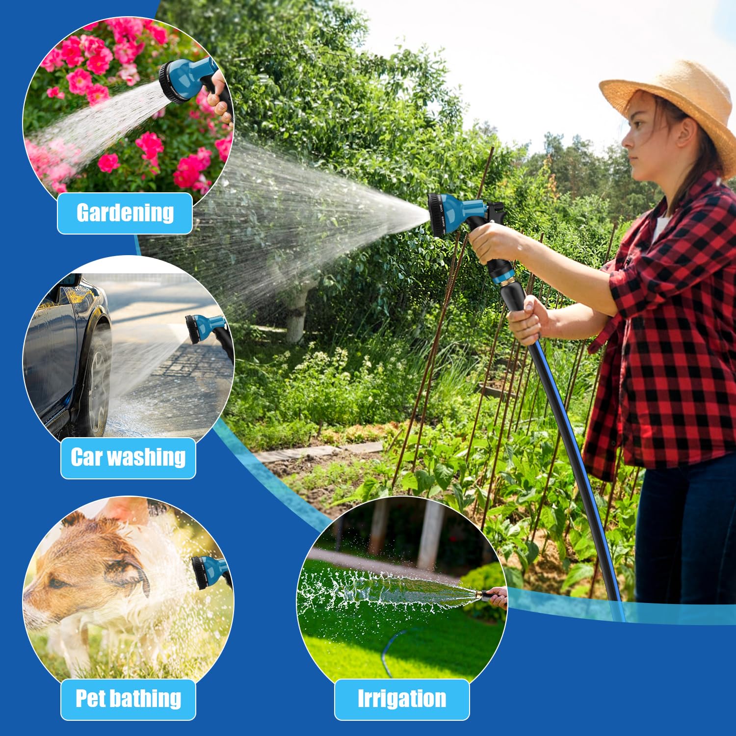 Besiter Manguera de jardín resistente de 5/8 pulgadas y 50 pies: manguera de agua de goma flexible con pulverizador de 10 funciones, tubo duradero para campistas exteriores, agricultores, longitud