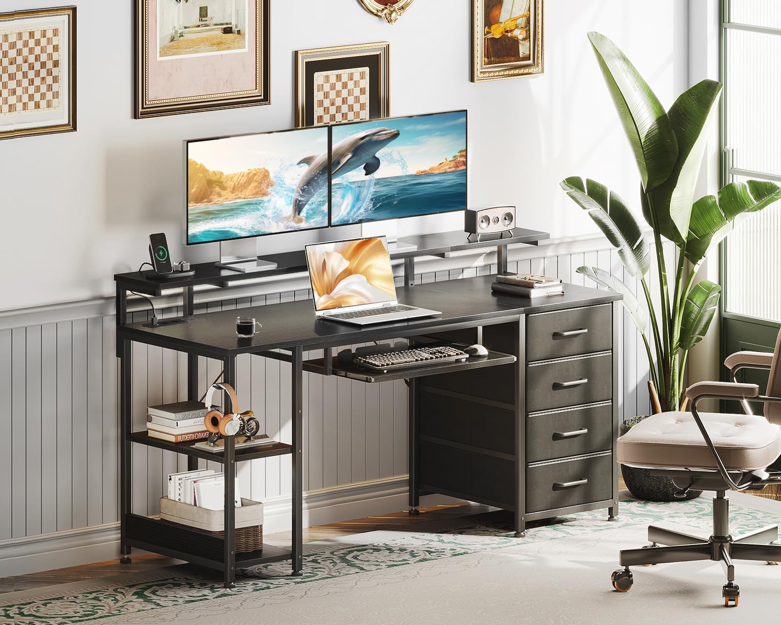 ODK Scrivania con 4 Cassetti, 140x52x92cm Scrivania per Computer con Presa di Corrente e Ricarica USB, Scrivanie Gaming Tavolo Scrivanie con Ripiani Regolabili per la Casa, Nero