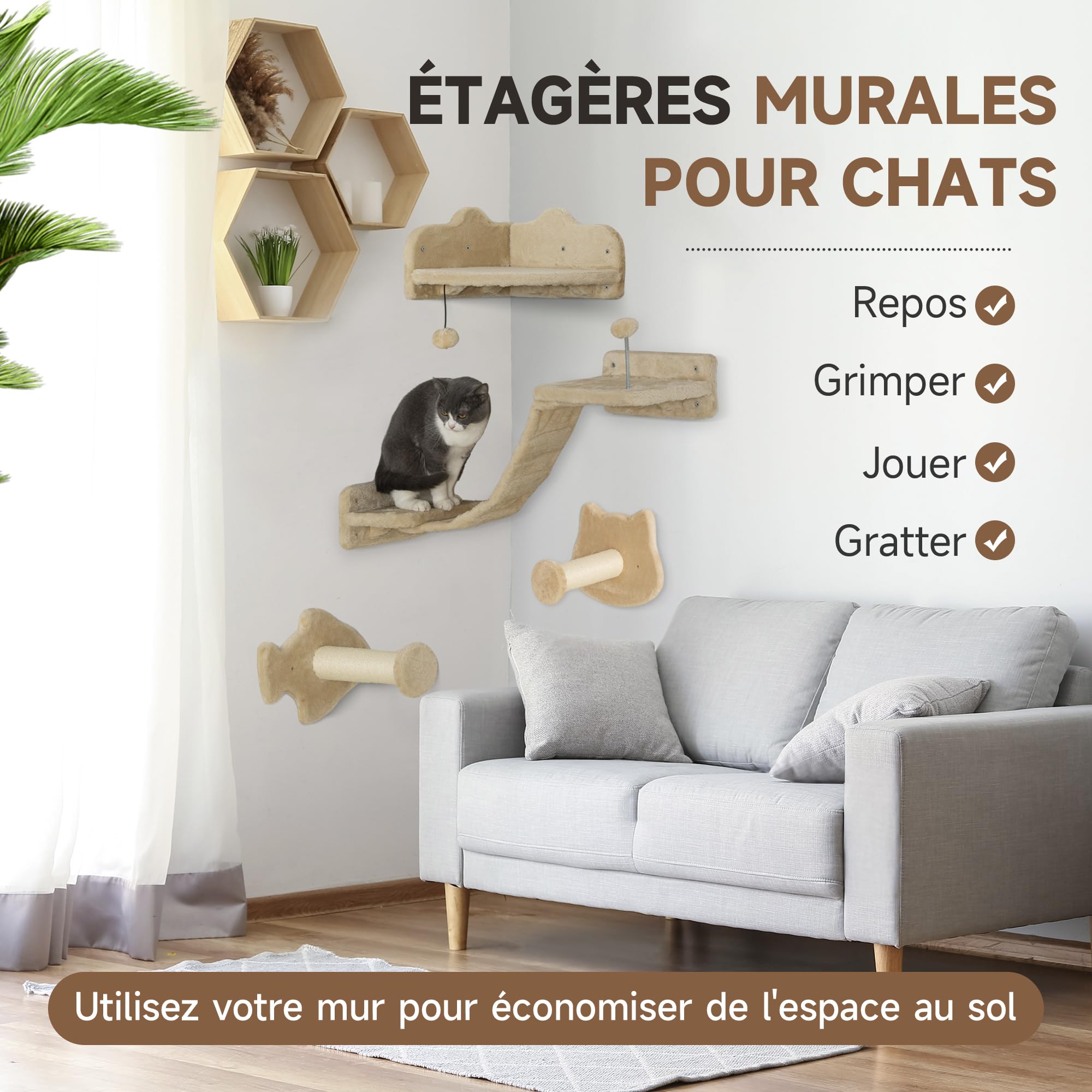PawHut Étagères murales pour Chat, Ensemble de Meubles muraux, Arbre Parcours Mural Complet 4 pièces avec marches, échelle, Plates-Formes de Saut, griffoirs, Boule de Jouet, Gris