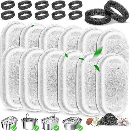 Repuesto de filtro de fuente de agua para gatos, 12 filtros para gatos con 12 esponjas de espuma para 67 oz2L y 108 oz3.2L de acero inoxidable