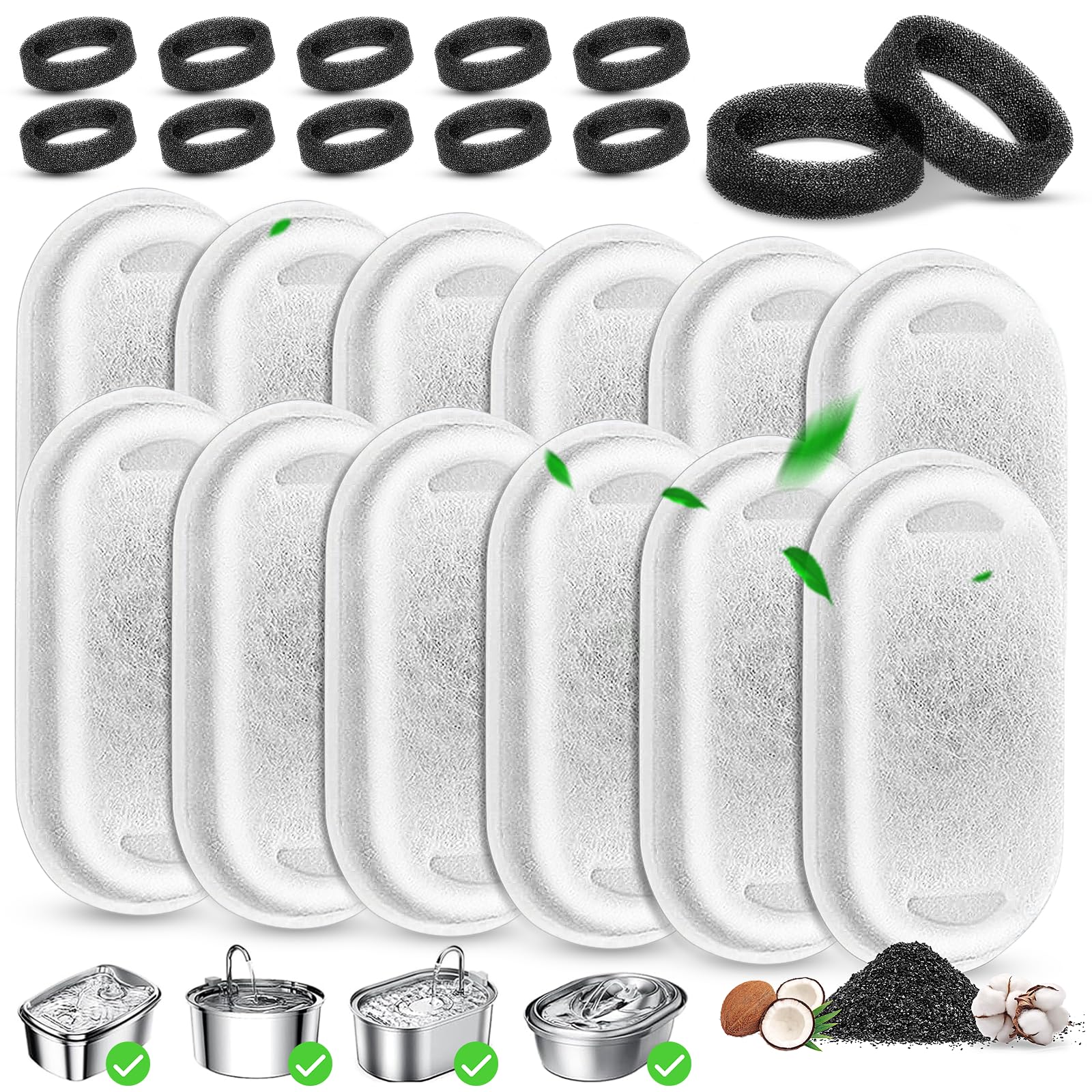 Cat Water Fountain Filter Replacement, 12 Pcs Cat Filters Pet Water Fountain Filter with 12 Pcs Sponges Foam for 67oz/2L & 108oz/3.2L Stainless Steel Automatic Cats Water Fountain Dispenser Filters