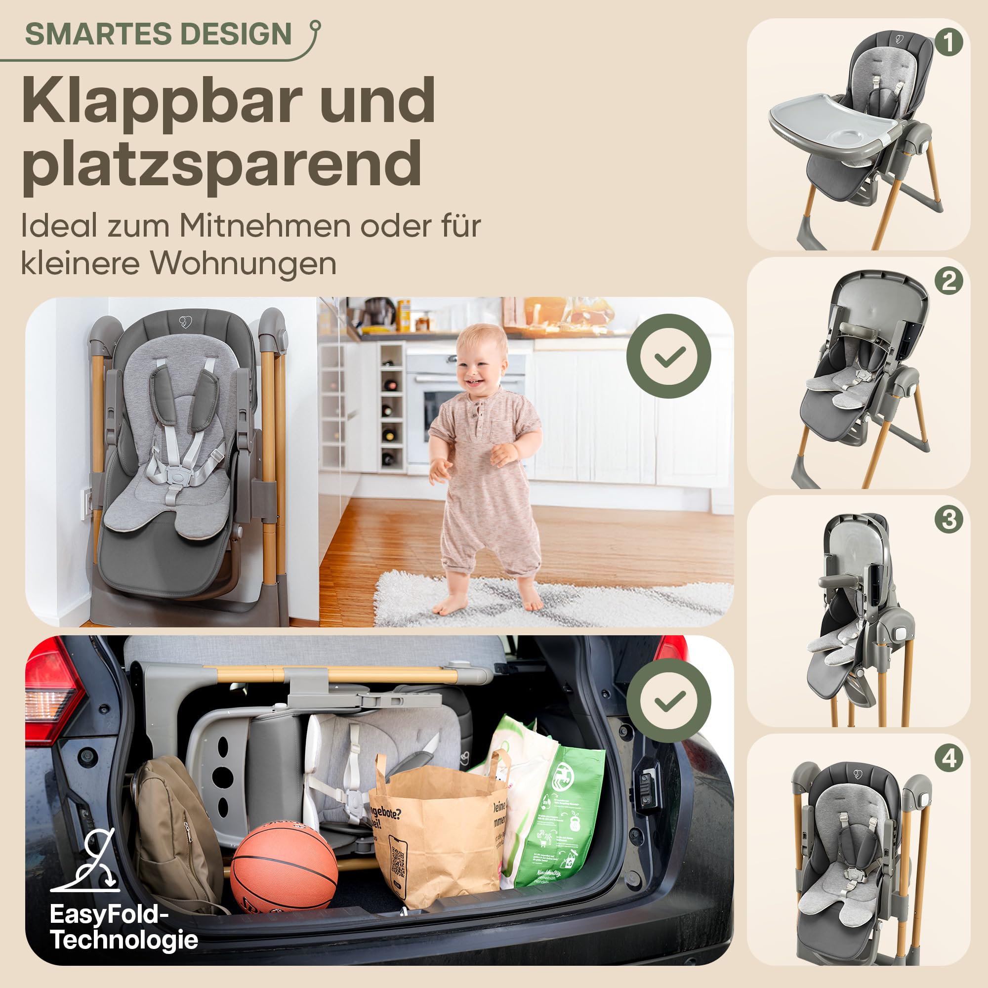 FlexiCo Hochstuhl Baby mit Liegefunktion & Neugeborenenaufsatz, Klappbar & Höhenverstellbar | Kinderstuhl Kinderhochstuhl Babystuhl | Mitwachsend Kind ab Geburt, 1-3 Jahre | Grau