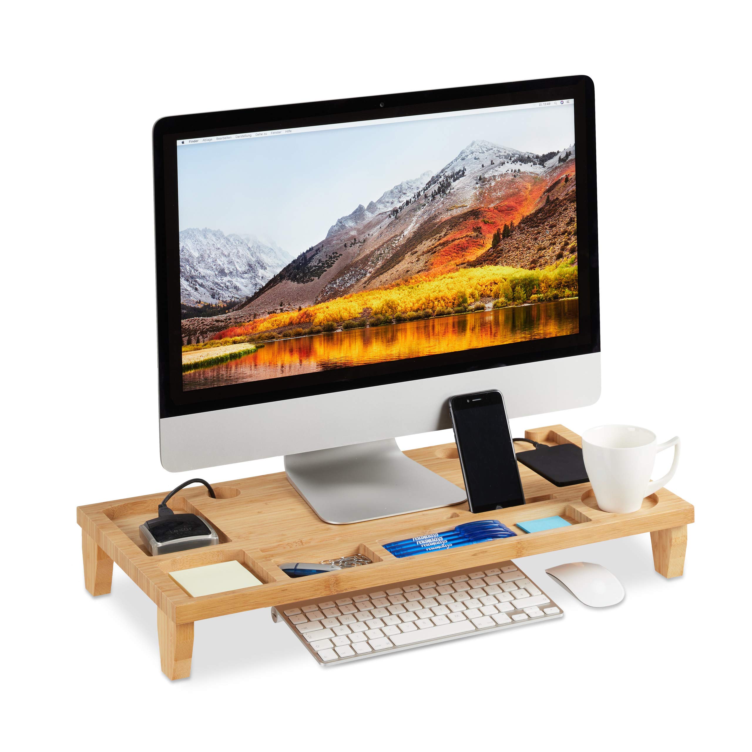 Supporto Per Monitor In Bambù Relaxdays, Con Scomparti Organizzatori, Dimensioni 15,5x62,5x28 Cm, Carico Max 15 Kg