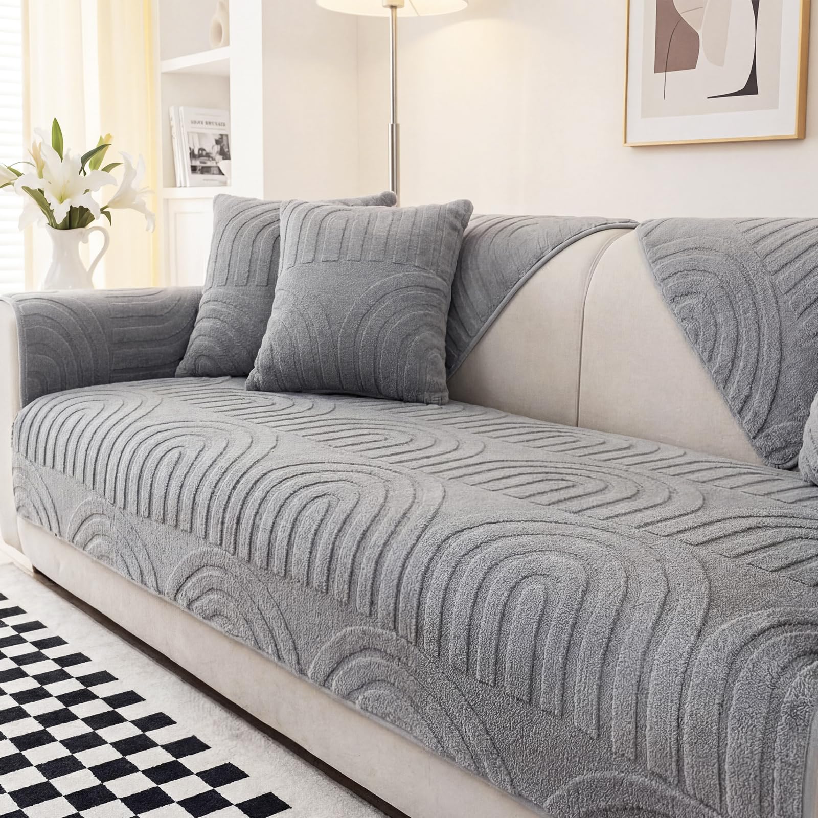 Homcomodar 1PC Soft Sofa Cover Washable Couch Sofa Covers 1 2 3 4 Seater 90x210cm Non Slip Sofa Cushion Covers Sofa Slipcovers Protectors for Sectional Couch Pets Living Room Grey