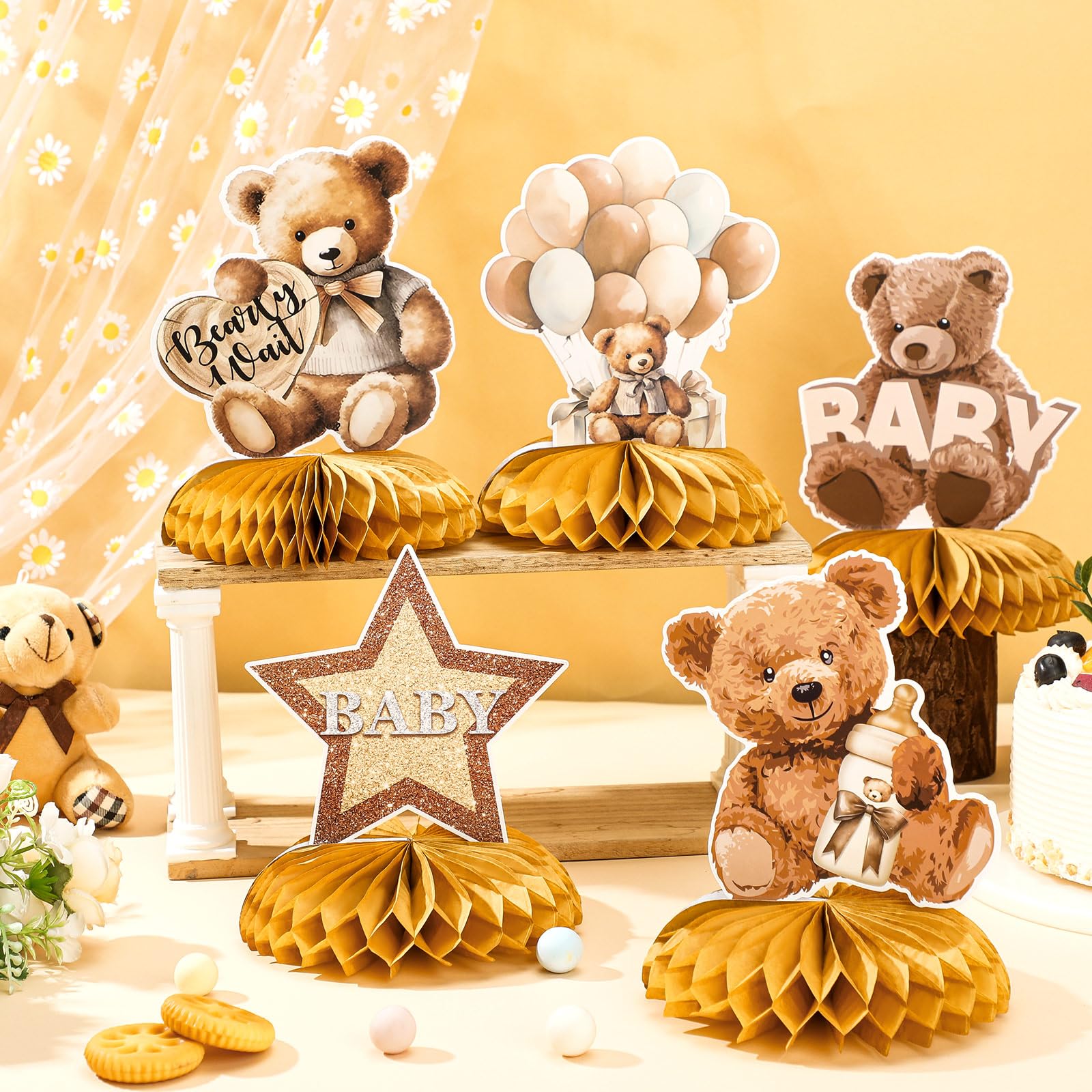 Zonon 8 Pcs We Can Bearly Wait Baby Shower Decorations Bear Center Pieces for Baby Shower Neutral Cream Honeycomb Centerpieces Table Decorations for Kids Birthday Party Favor Supplies(Brown)