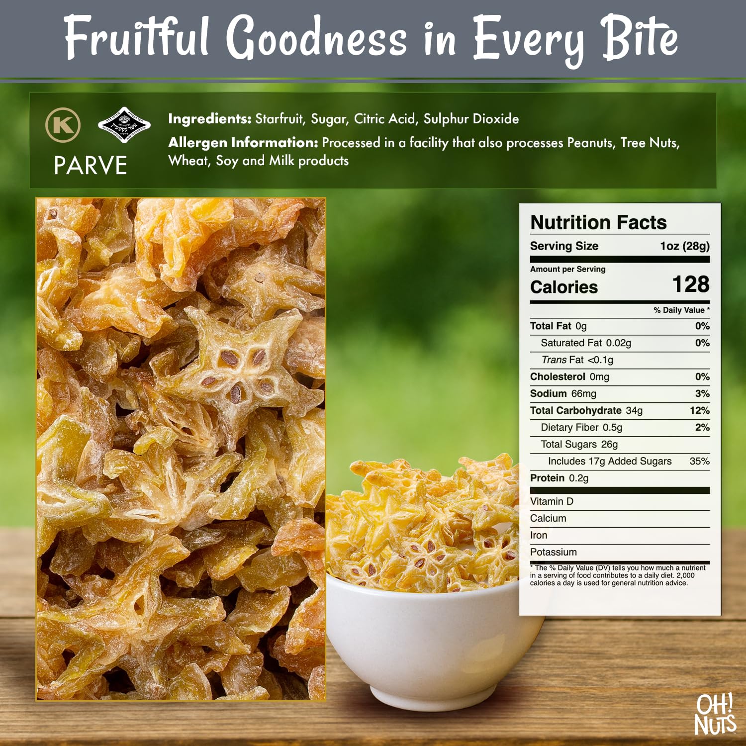 Oh! Nuts Dried Star Fruit - Sweetened Dried Starfruit Slices - 1 lb Star Fruit Packed Fresh in NY Zip-Seal Bag