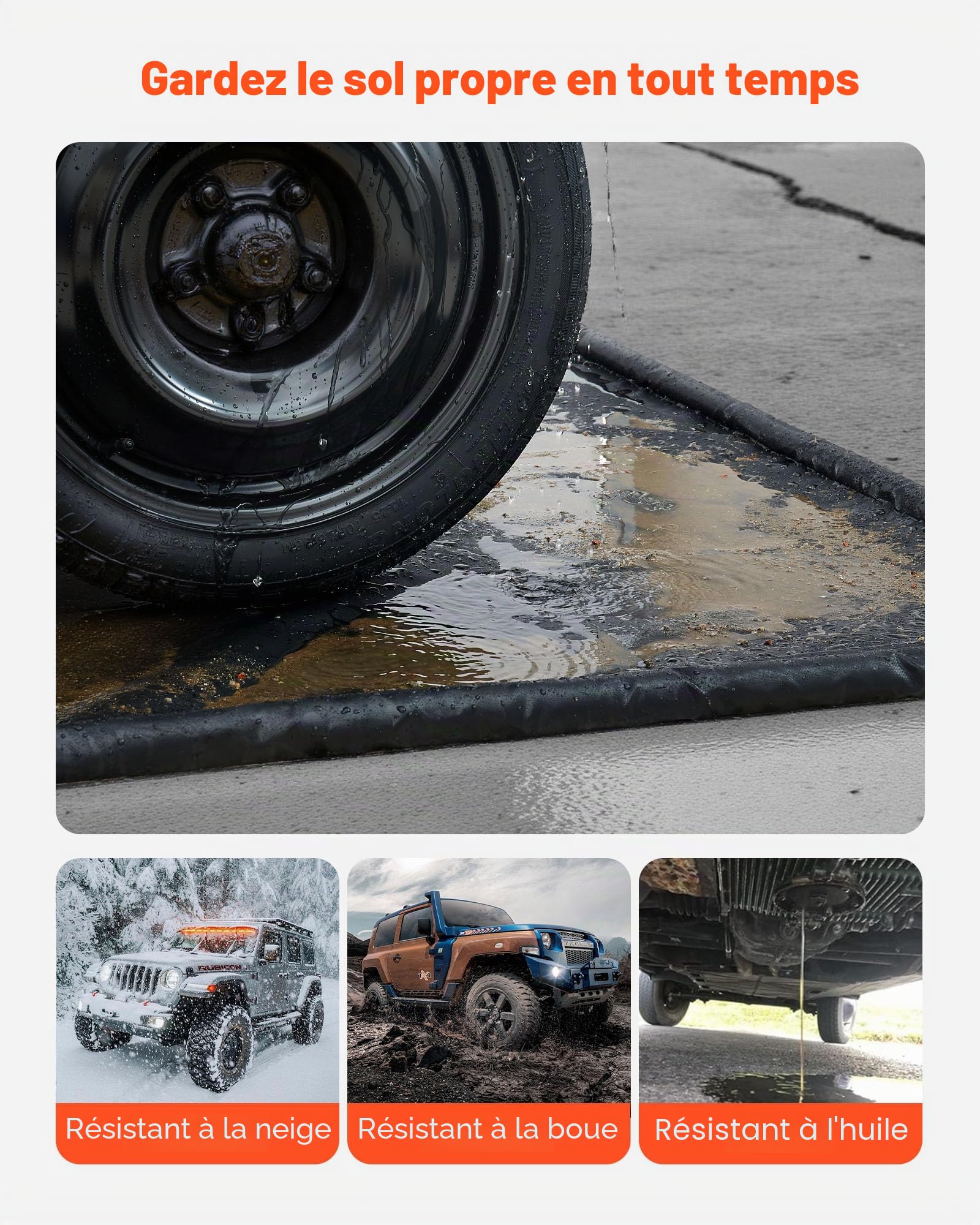 VEVOR Tapis de Confinement Imperméable 2,4x5,5 m, Tapis de Sol de Garage Antidérapant, Rétention à Bord Surélevé, en PVC, avec Raclette de Nettoyage, Contre Neige, Pluie et Boue, pour Voiture