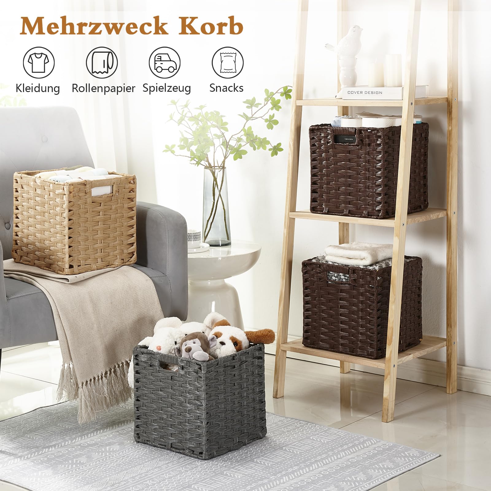 Sagittar Faltbarer gewebter Korb aus Rattan-Imitat, 25 x 25 x 25 cm, Aufbewahrungskorb für Speisekammer, Schrank, Spielzeugschrank, Regalkorb, Würfel, wasserdicht, nicht schimmelig, 6 Stück, Beige
