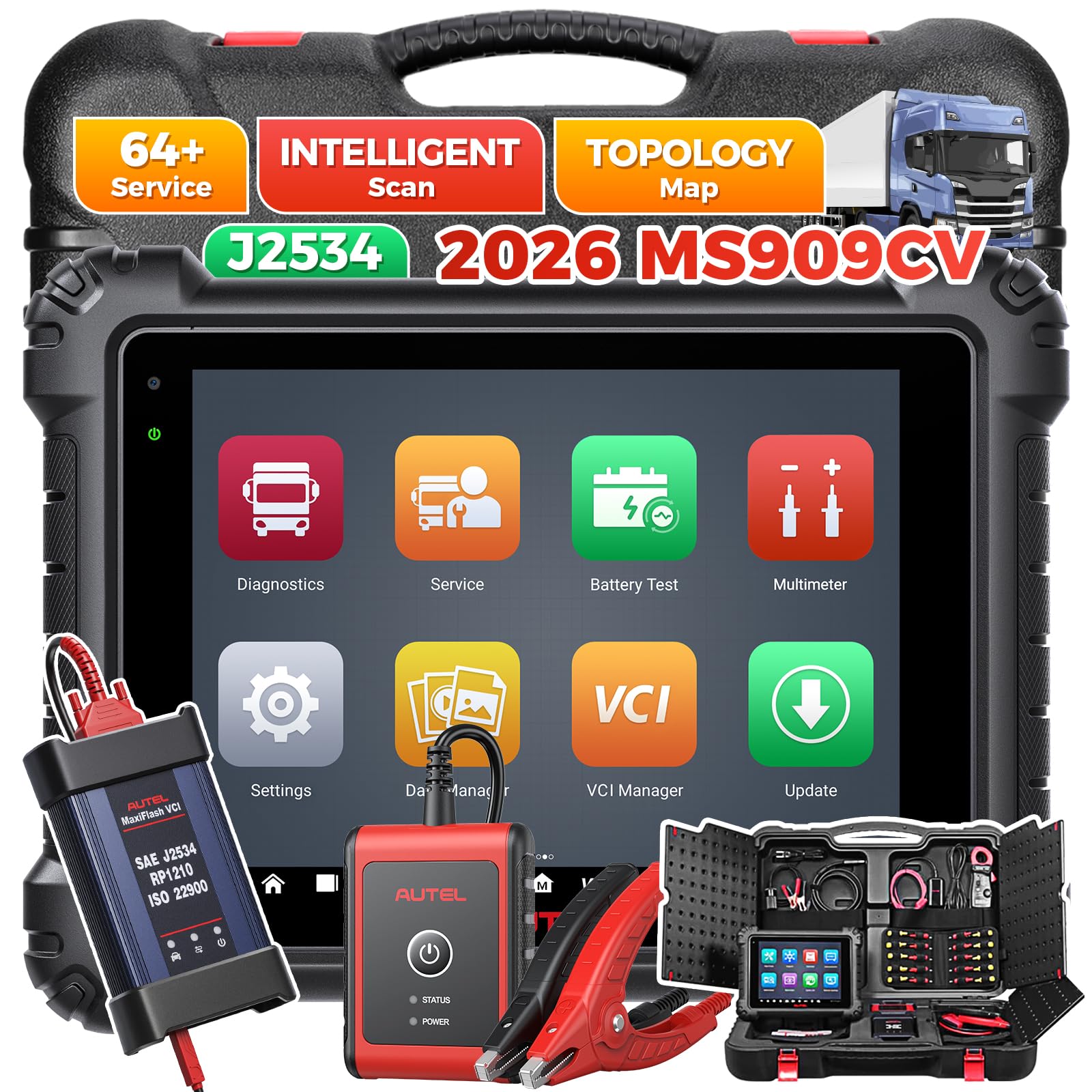 2025 Autel MaxiSys MS909CV Truck Scanner: Top Heavy Duty Truck Tool for Semi Commercial Cars, Updated of MS908CV with Intelligent Diagnosis, Topology, J2534 ECU Coding, 53+ Services, Active Test