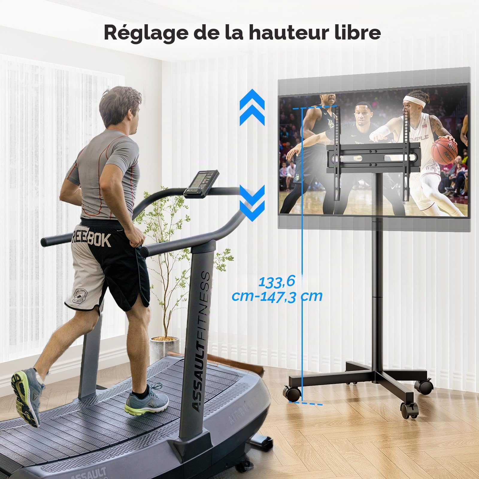 Support TV au Sol Meuble TV Mobile pour téléviseur Plat et incurvé de 23 à 60 Pouces, jusqu'à 40 kg, Hauteur réglable, pivotant, VESA Max. 400 x 400 mm