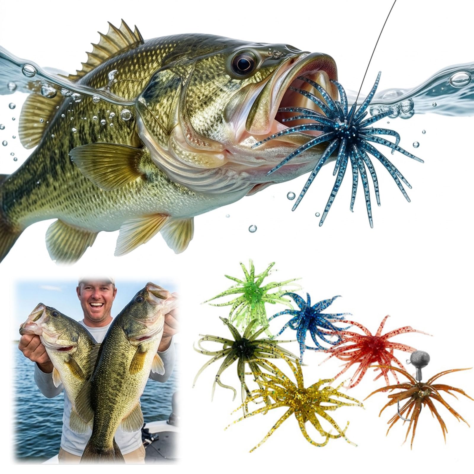 6Pcs Simulation Sea Urchin Bait for Black Pits, Realistic Fishing Lure for Bass & Perch, Floating TPR Swimbait with Reflective Stars, Artificial Worm Bait for Saltwater & Freshwater (Mediem-6pcs)