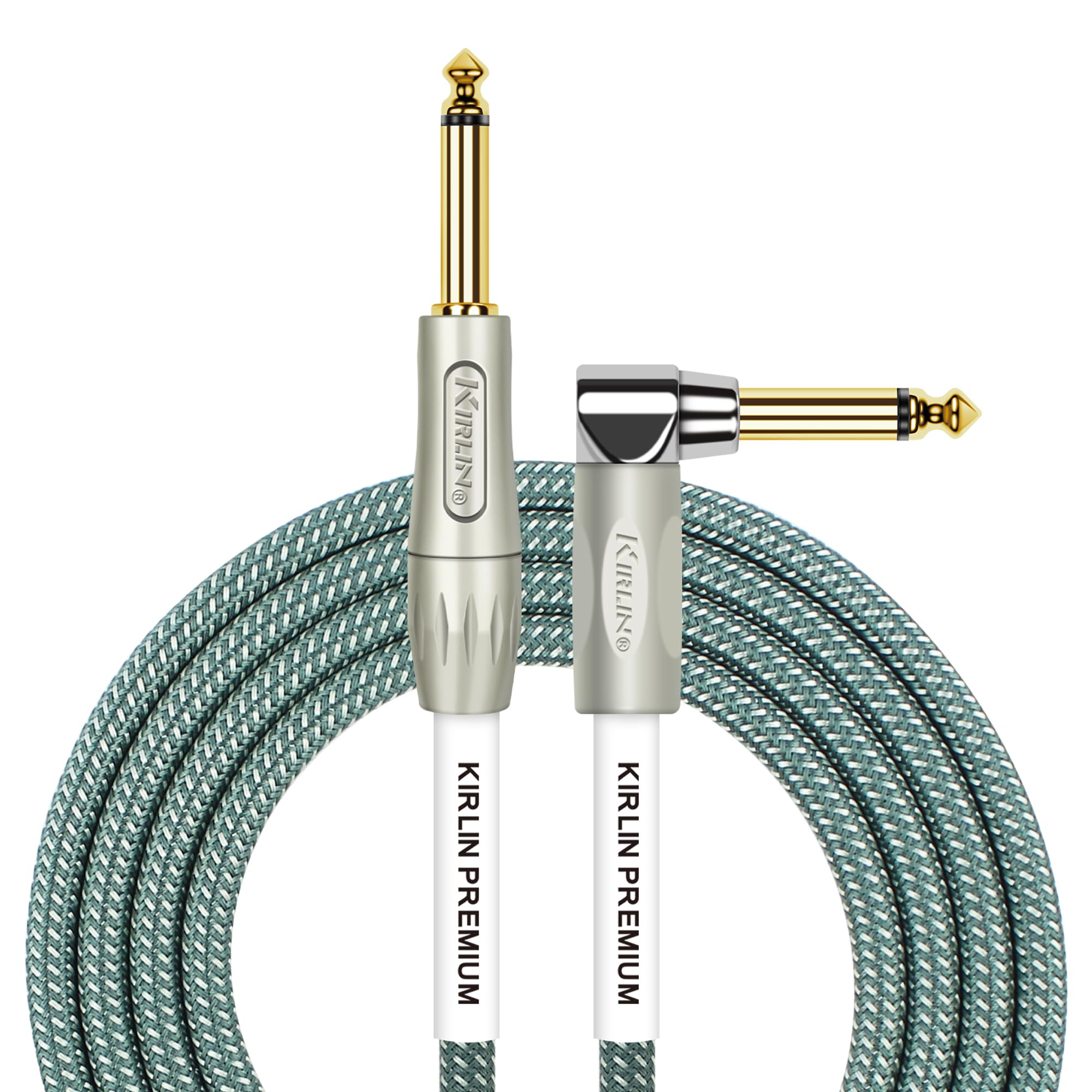 Kirlin Cable IWB-202PFGL-10/OL -10 feet- Straight to Right Angle 1/4-Inch Plug Premium Plus Instrument Cable, Olive Green Tweed Woven Jacket