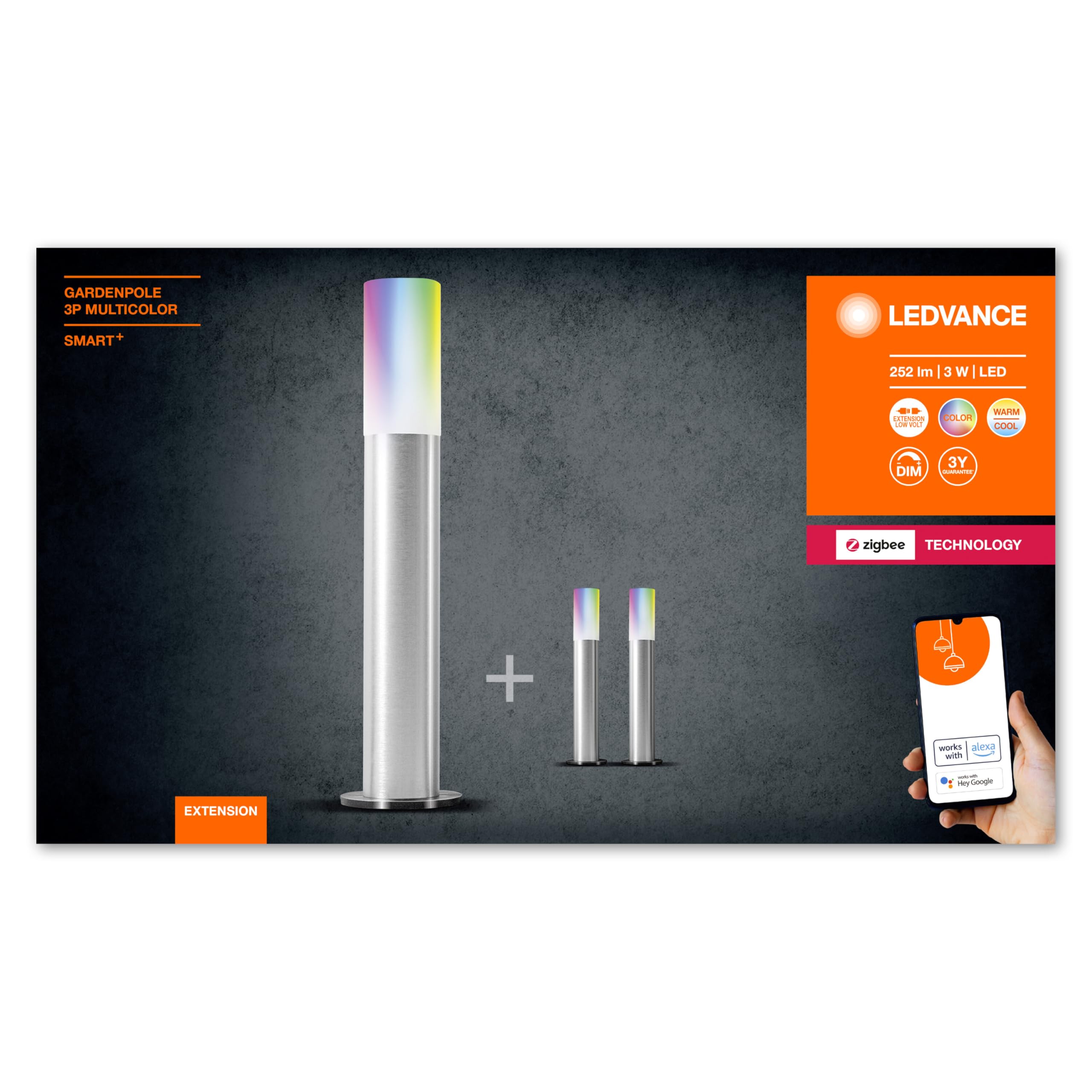Podstawowy zestaw lamp ogrodowych LEDVANCE Smart LED z 5 słupkami, ściemniane światełka ze sterowaniem bezprzewodowym, technologia Zigbee, sterowanie kolorami RGB, temperatura barwowa 2000-6500 K, 3