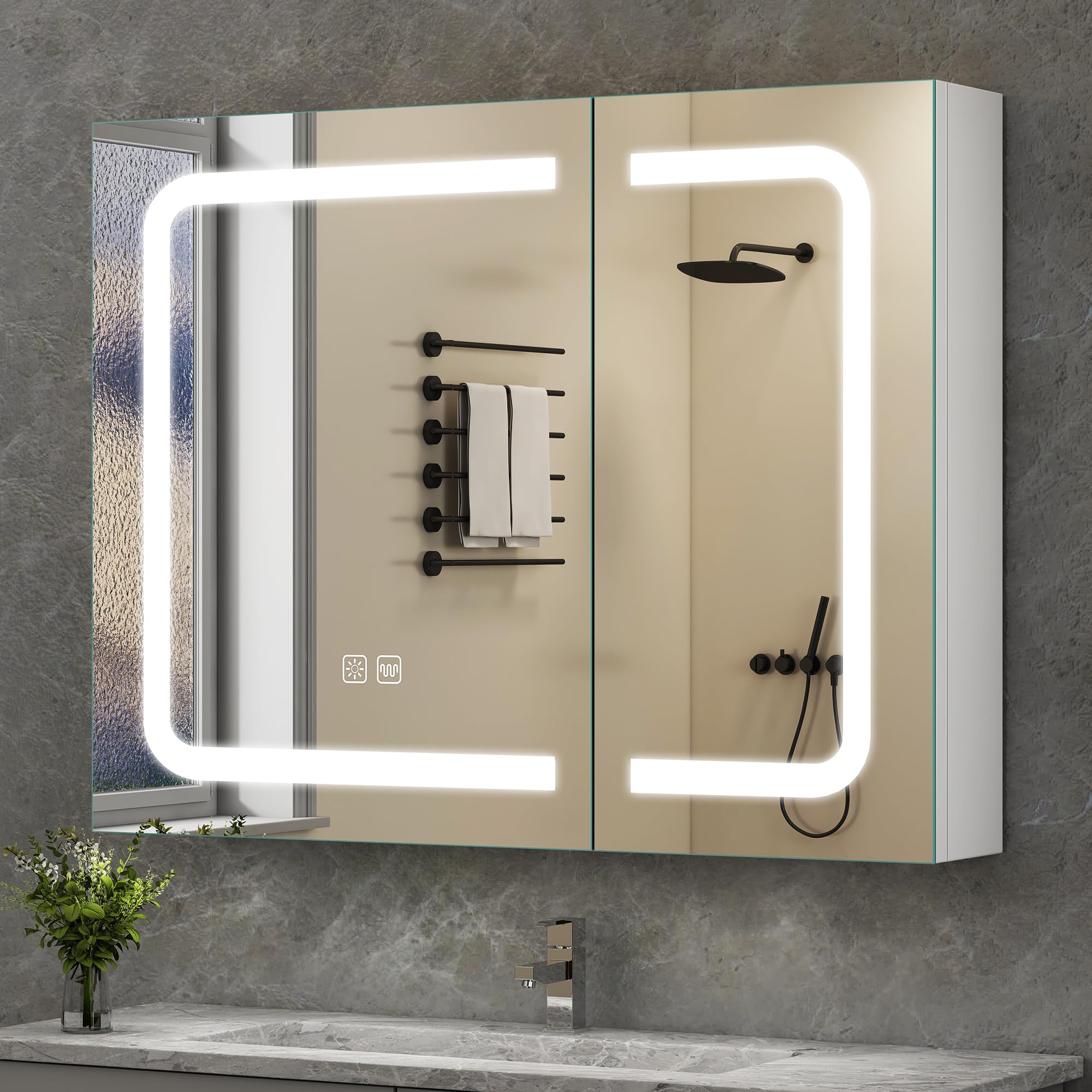 S'bagno Armario Espejo Baño con Luz 80x60 cm, Armario de Baño con Espejo y LED, Antivaho 3 Colores y Estantes Ajustable, IP44 Armario Baño con Espejo y Tomas, Vidrio Reforzado, Memoria, Blanco