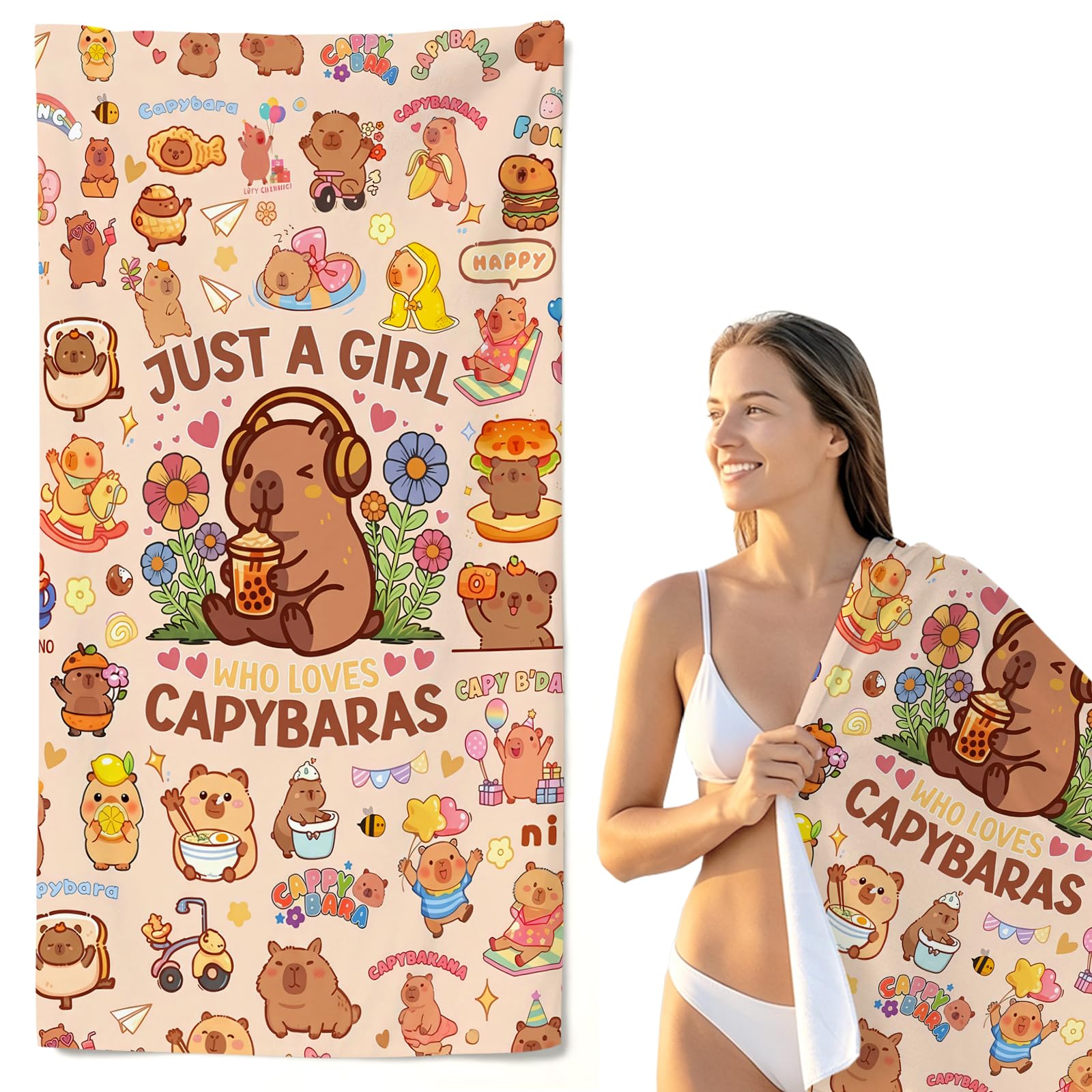 zhongko Capybara Beach Towel, Microfibre Swimming Towel with Quick Dry & Sand Free, Soft Lightweight Bath Cloth for Girls, Adorable Capybara Blanket for Beach, Yoga & Travel