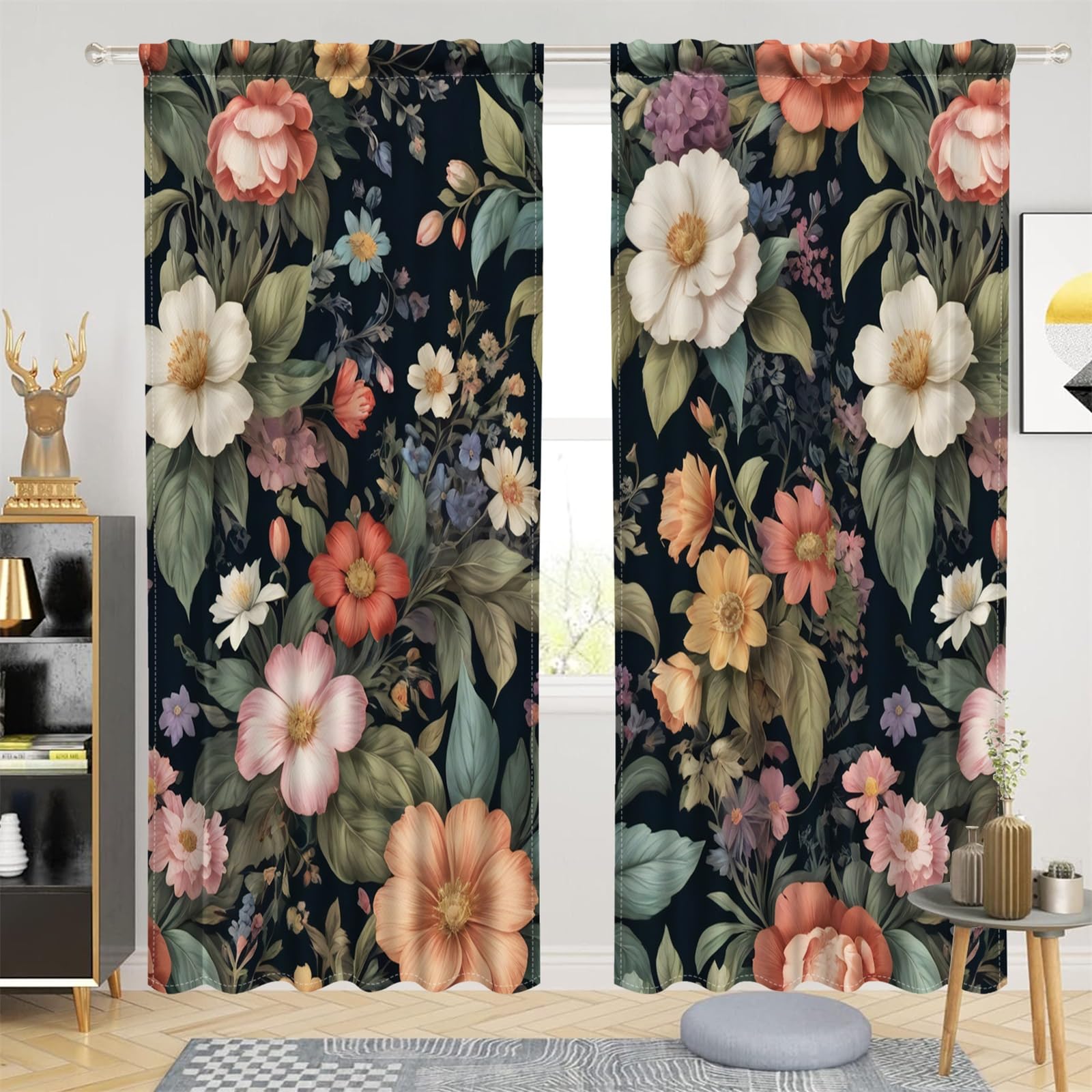 Renaiss 42 x 96 Inch Blooming Flower Print Curtains for Bedroom Vintage Floral Colorful Peony Room Darkening Linen Texture Rod Pocket Curtain Drapes
