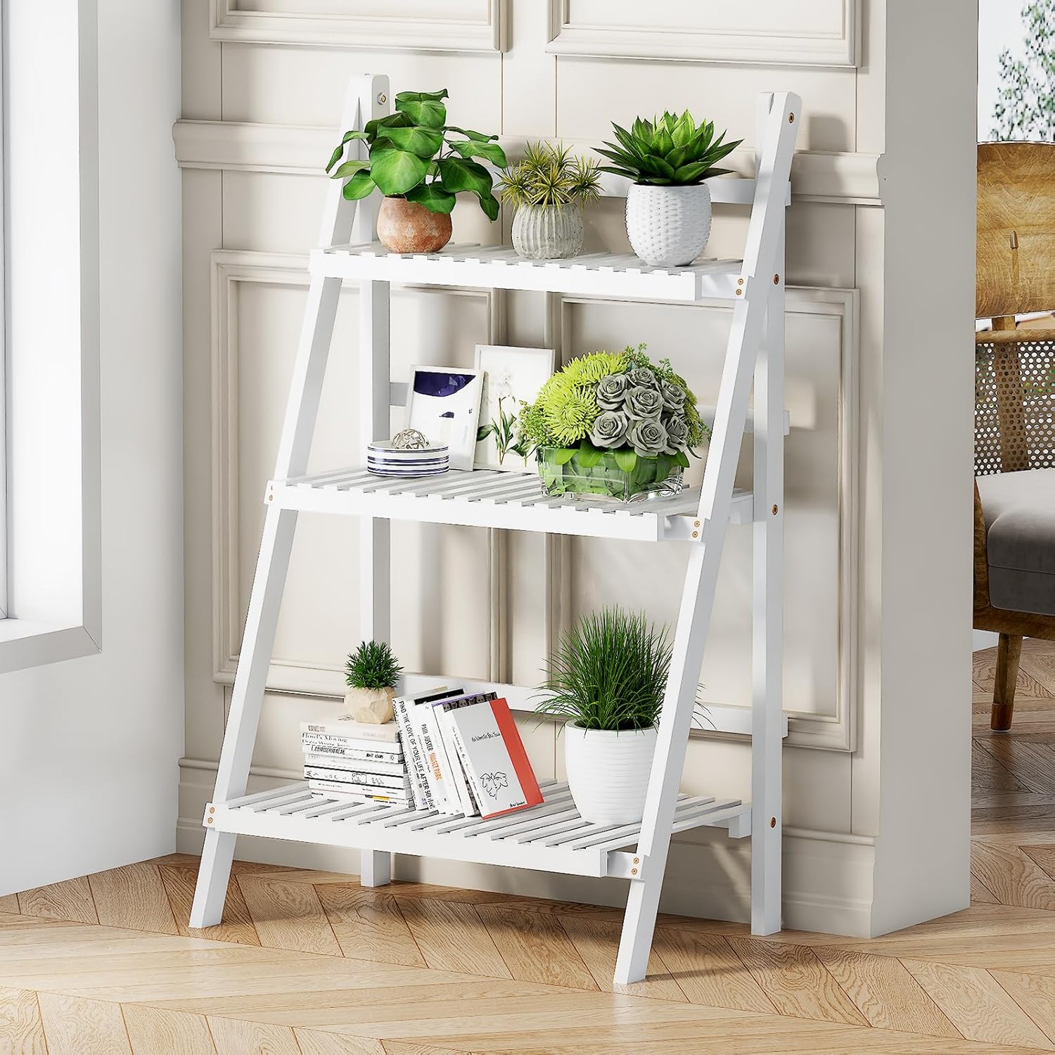 Bamboo Bookshelf 3-Tier Ladder Shelf, 39.4” Freestanding Open Bookcase Book Shelf Bathroom Storage Shelf Unit Plant Stand for Small Space, Living Room, Bedroom, Home Office, White 3-tier White