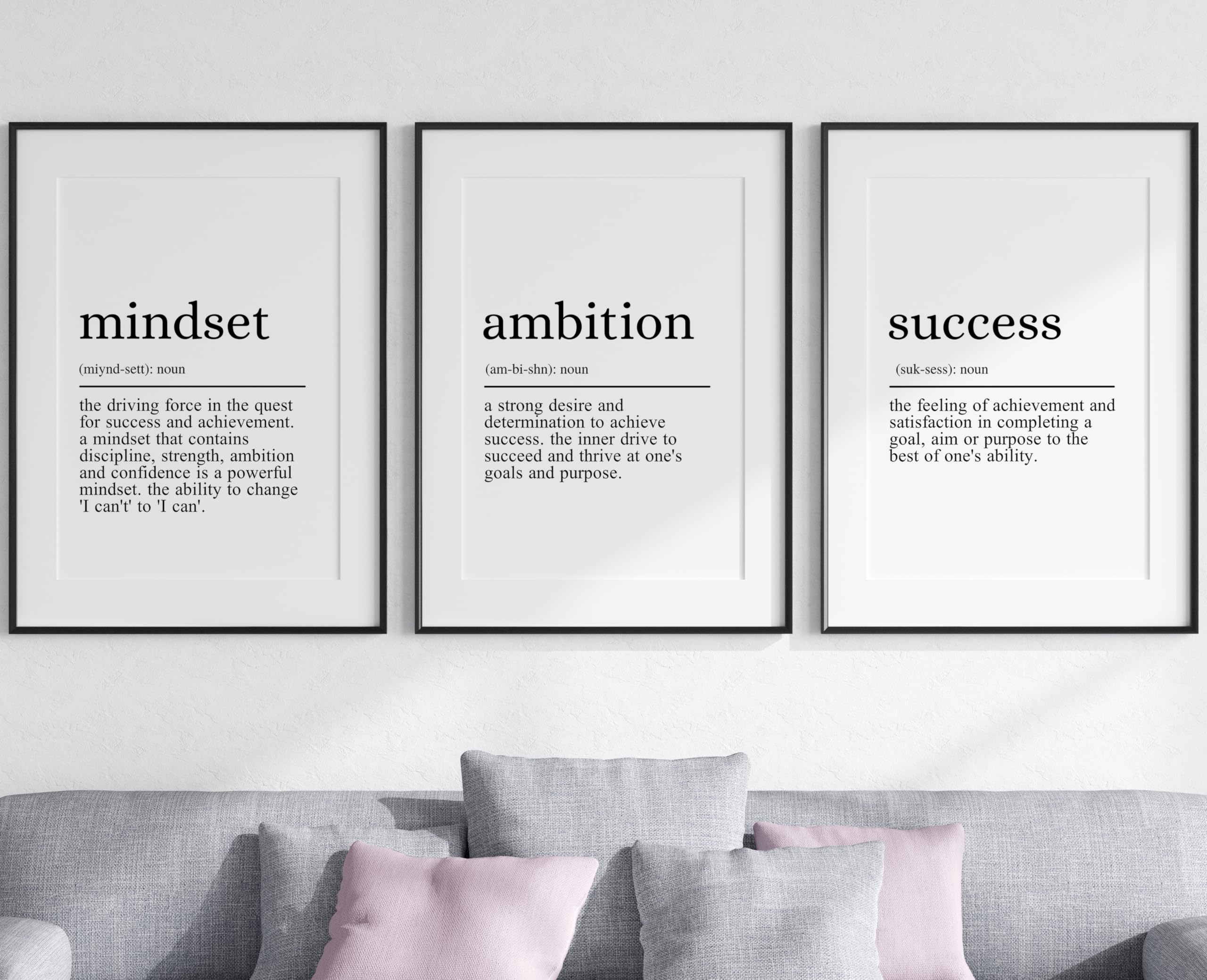 Mindset Ambition Success Quotes set of 3 Unframed Prints, Home Decor, Positive Definition Wall Art, Typography Print
