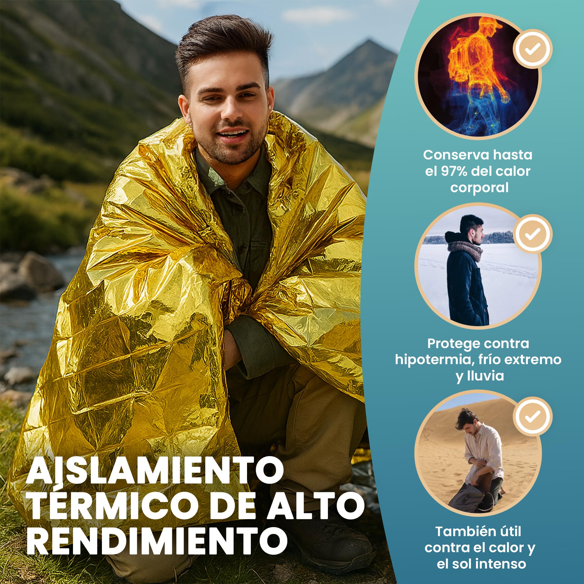 Pack 10 Mantas Termicas Supervivencia - Mantas Calor Termico de Emergencia de Aluminio - Emergency Blanket para Kit Preparacionismo Mantener Calor, Anti Viento y Lluvia.