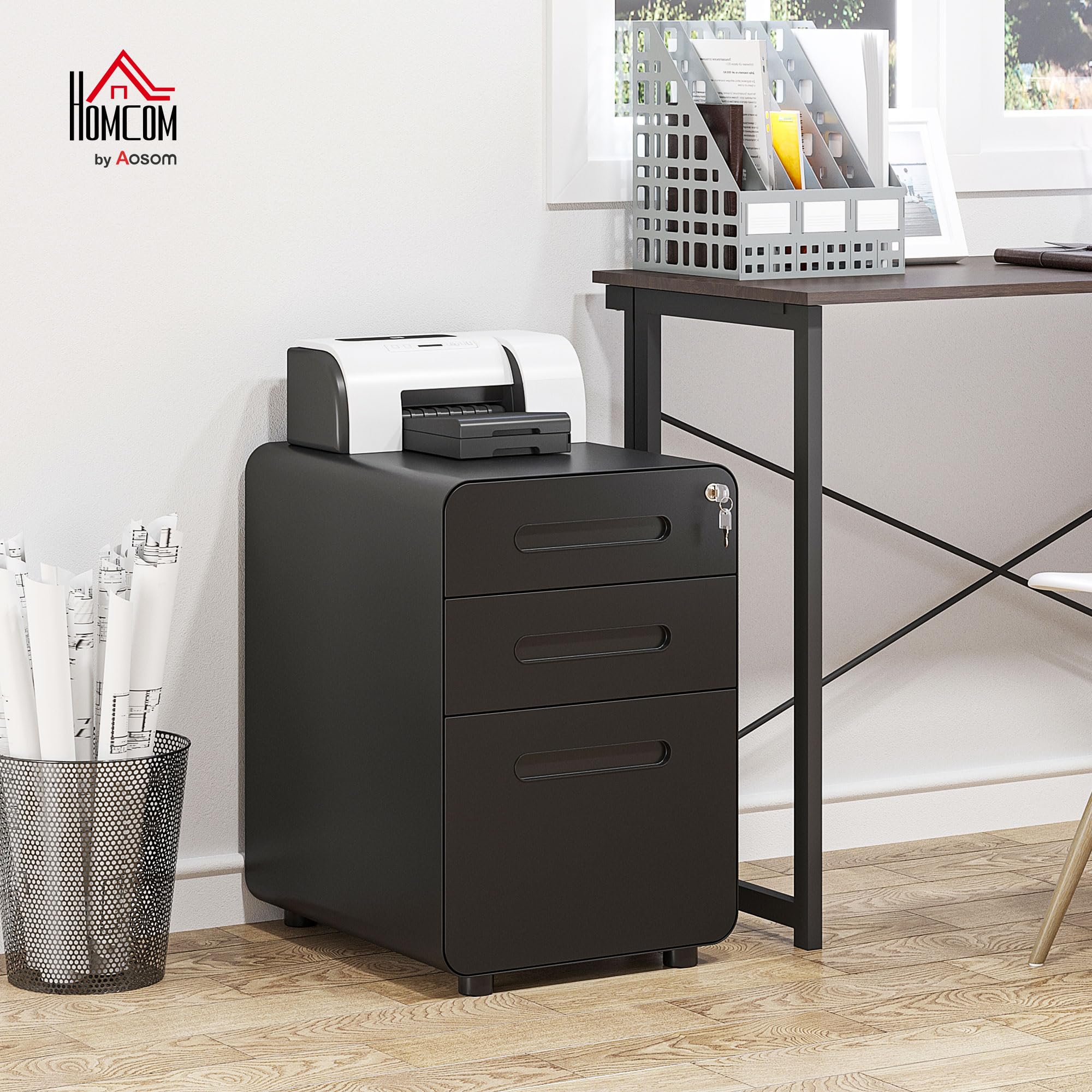 Vinsetto Rollcontainer mit 3 Schubladen Abschließbar 39x48x59cm Schwarz | Mobiler Aktenschrank mit Rollen, Büroschrank mit Hängeregistratur, Stiftfach, Bürocontainer Schreibtisch Unterschrank