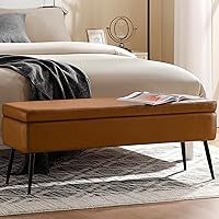 Kinmars Leather Storage Ottoman Bench, Mid-Century Modern End of Bed Bench with Steel Legs, Safety Hinges, 660lb Capacity (Brown)