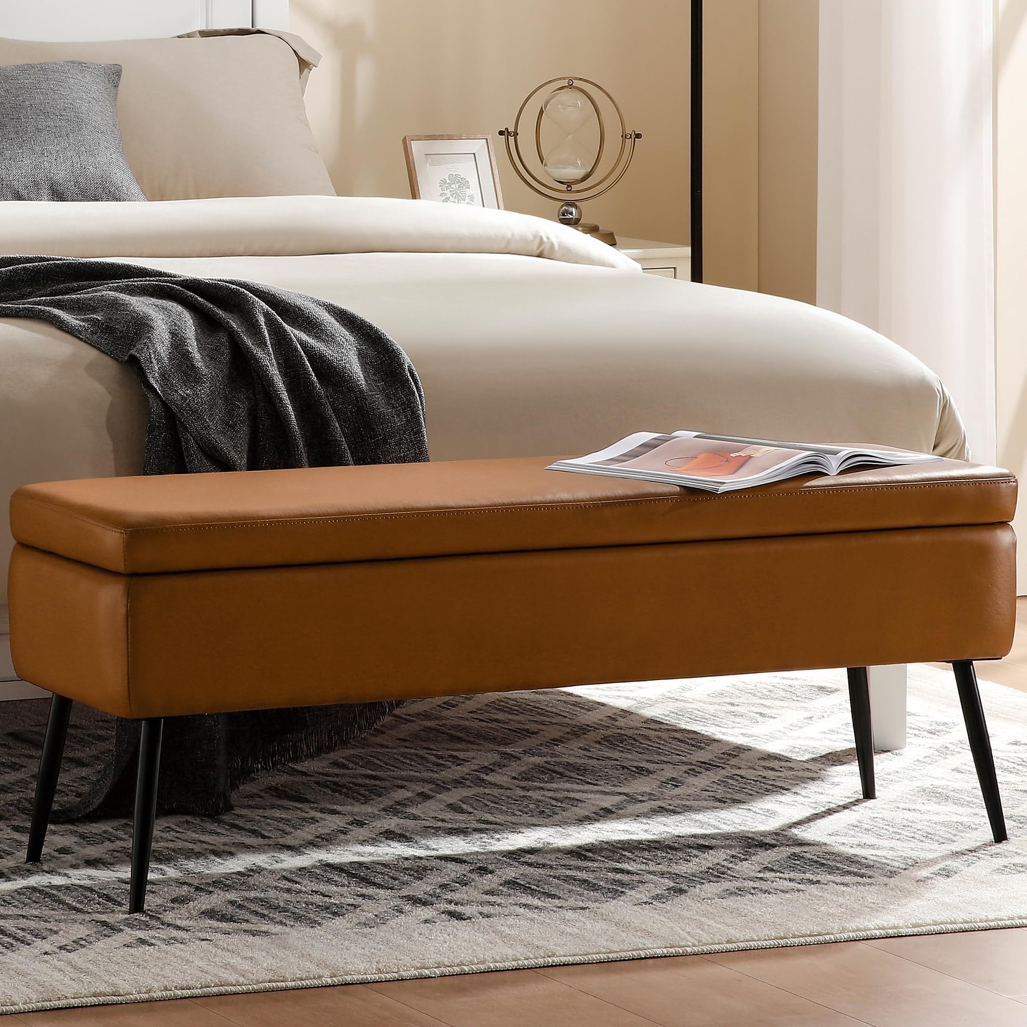 Leather Storage Ottoman Bench,End of Bed Bench for Living Room Bedroom Dinning Room Entryway,Mid-Century Modern, with Steel Legs,Safety Hinges, Loads 660 lb (Without Button, Brown)