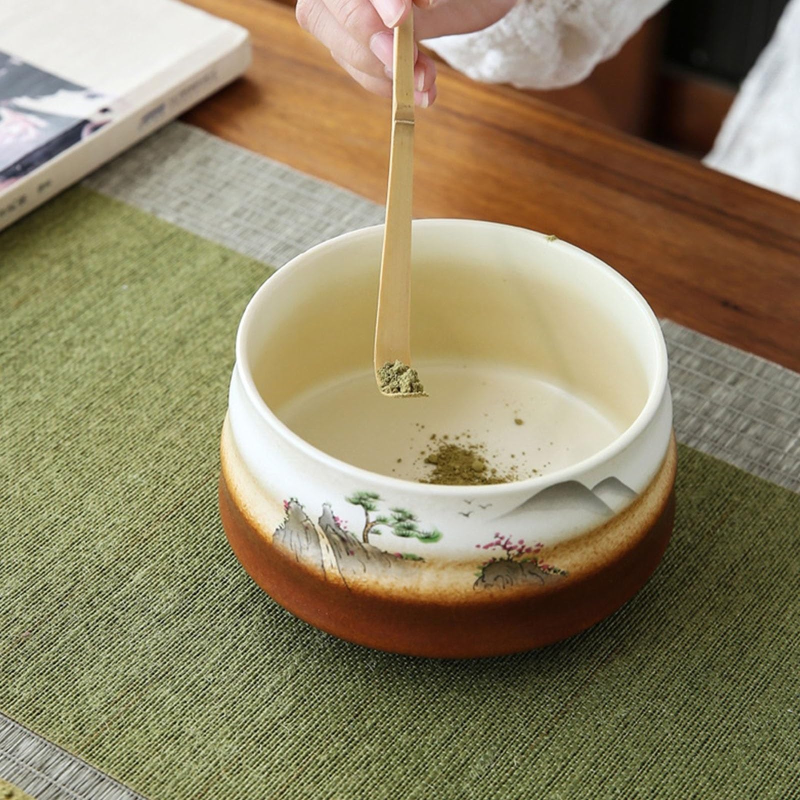 Ensemble de 4 Pièces Matcha Kit Fabrication Artisanale Convient Aux Amis Qui Aiment La Cérémonie du Thé Cuillere Matcha(Brown)